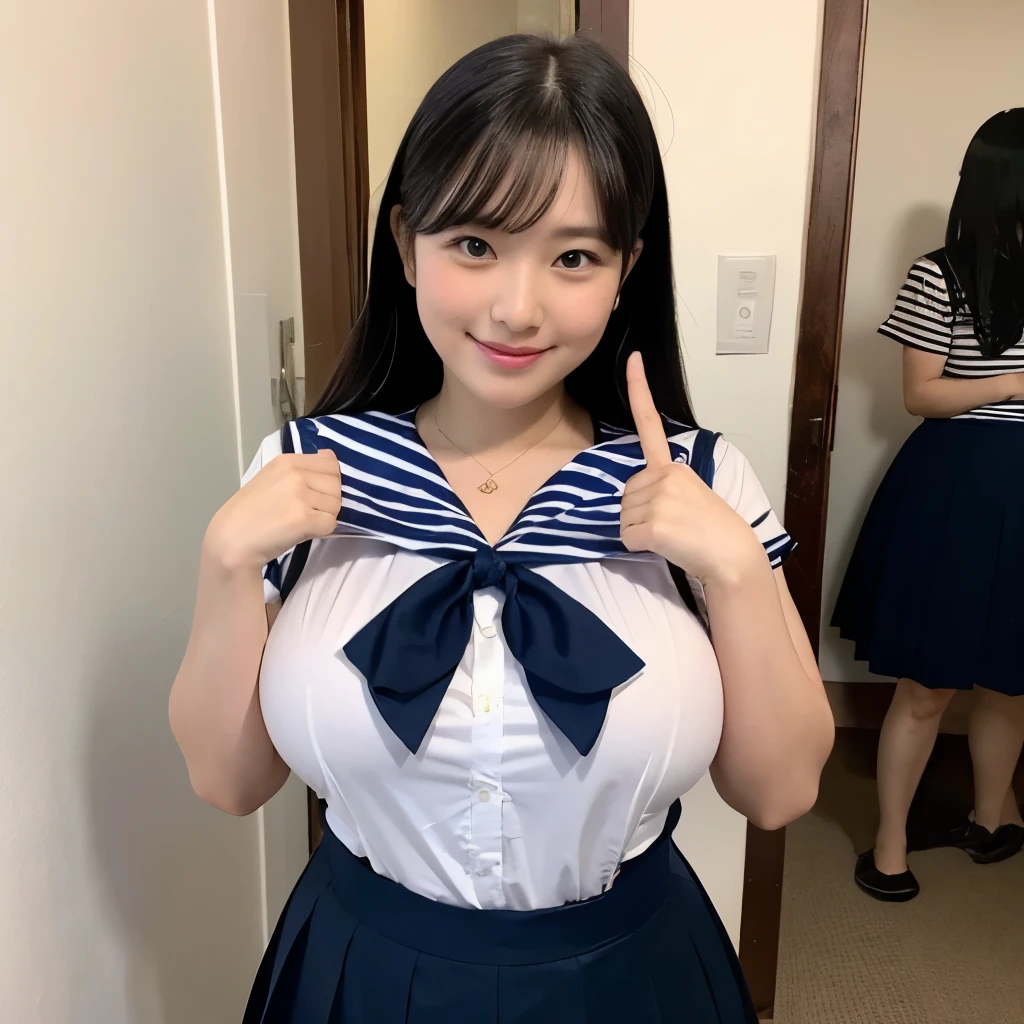 1 girl, 2 peopleで, Highest quality, 8k, Japanese women photos, , kindergartenてストレートなBlack Hair,, ((plump)), ((Big Breasts)),Sailor suit,Sailor suit,, The best smile,Grow eyes, Shining happiness, Caring personality, Sweet feminine aura, Calm but firm attitude, I have a few freckles on my cheeks, A spirit of warmth and joy, Discreet and perfect for class,Eyes that shine with devotion, a humble and dedicated kindergarten teacher, 2 Breasts,Big Breasts,Sailor suit,mini skirt,Black HairのストレートLong Hair,Long Hair,Black Hair,17 years old,valley,It's heartbreakie,Cute pose,Purikura,Purikura,Finger Heart,The whole body was photographed,The whole body was reflected,Leather shoes,超Big Breasts,Big Breasts,Big Breasts,大きなvalley,valley,valley,胸のvalley,It's heartbreaking.,I can see your chest,Emphasized breasts,Big Breasts,Big Breasts,looking at the camera,
