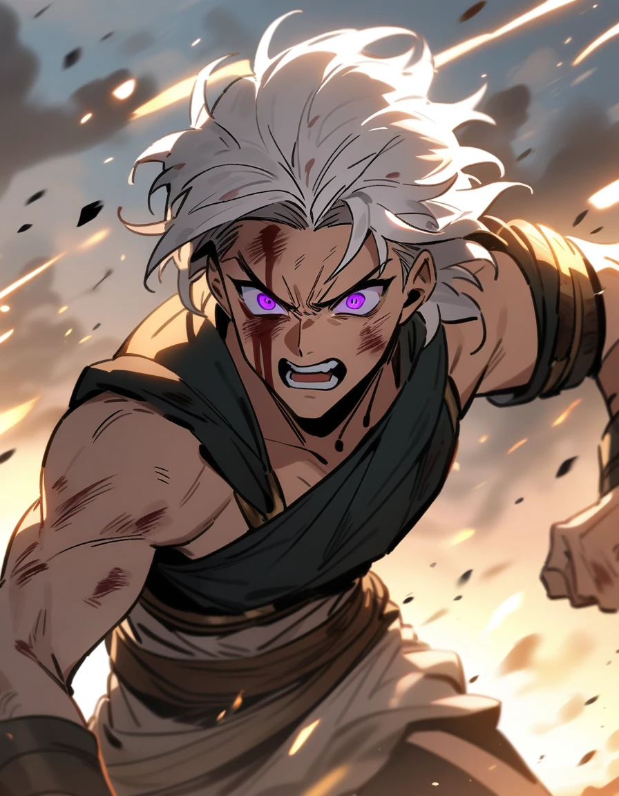young Greek warrior with long white hair, violet eyes, with a bloody face full of bruises going on the attack