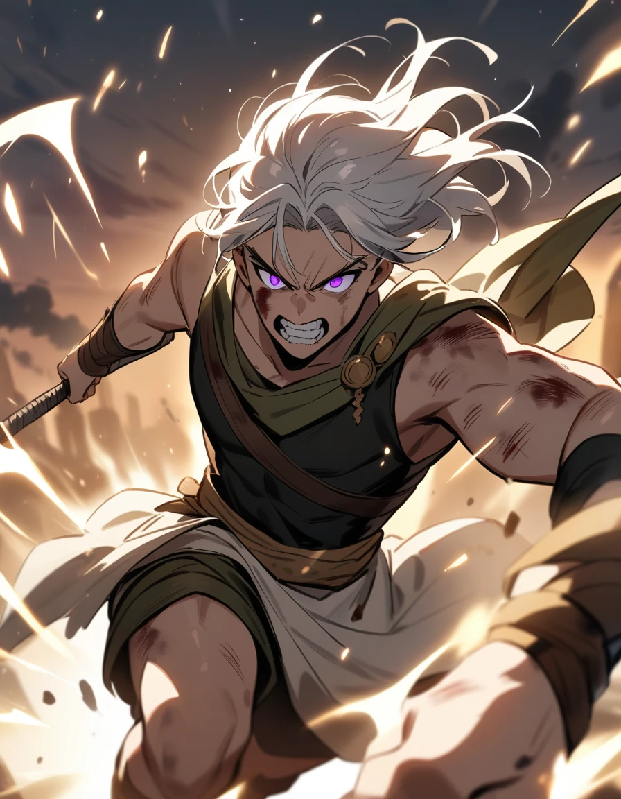 young Greek warrior with long white hair, violet eyes, with a bloody face full of bruises going on the attack