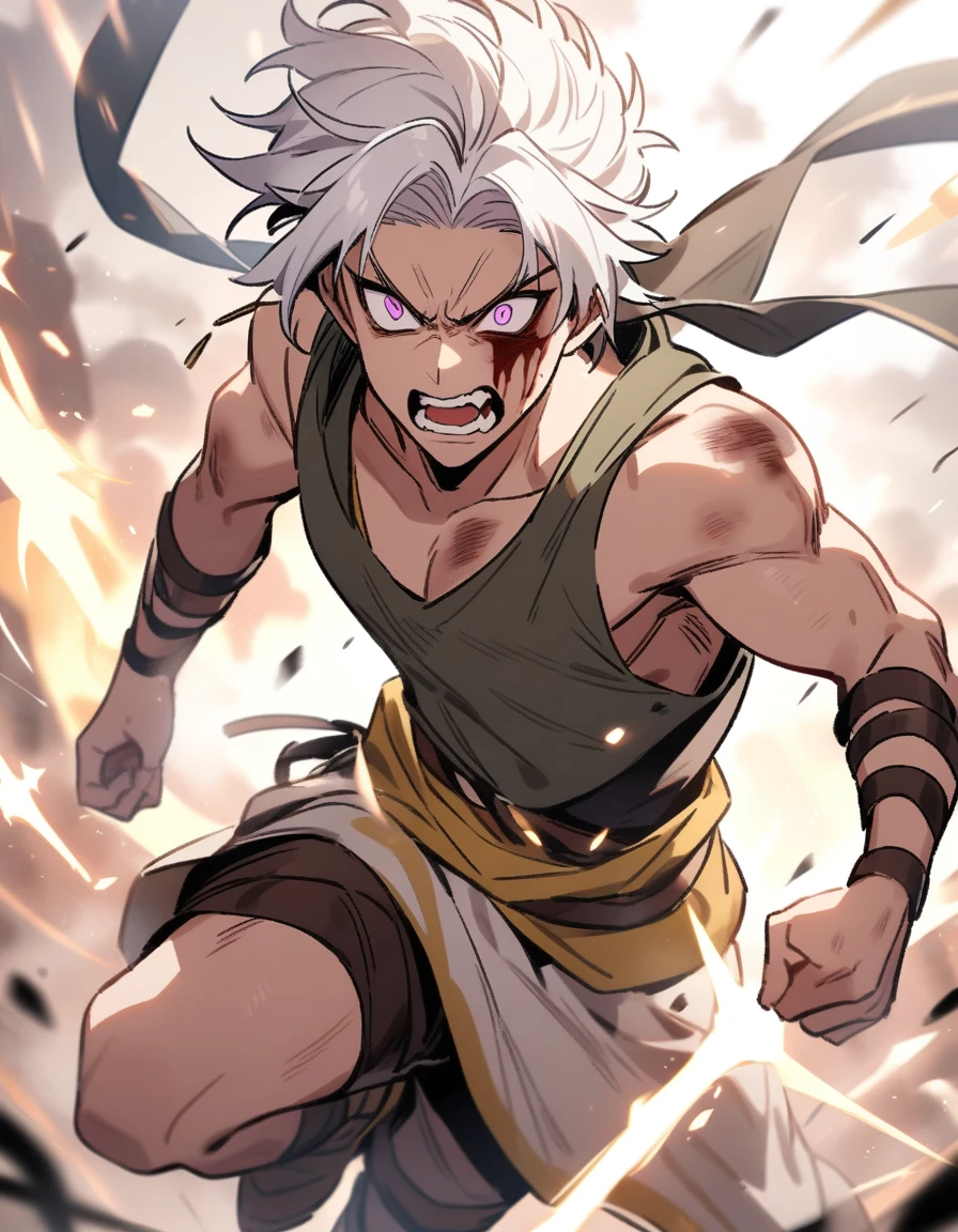 young Greek warrior with long white hair, violet eyes, with a bloody face full of bruises going on the attack