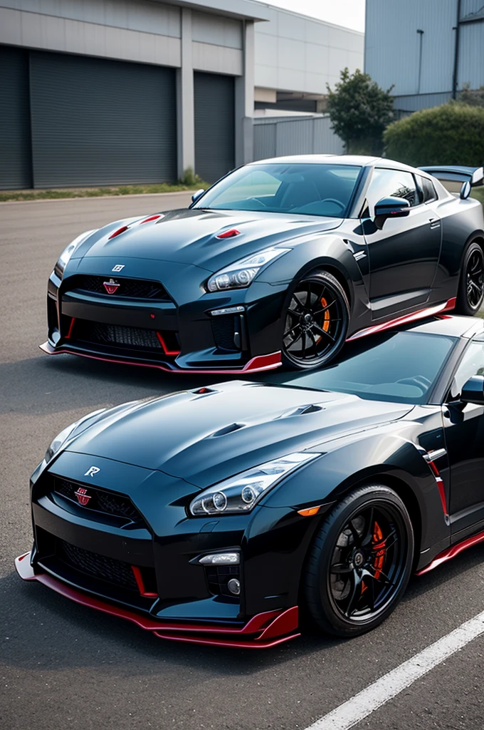Generate an image of a human crouching in front of the gtr-r35 with a camera on their face