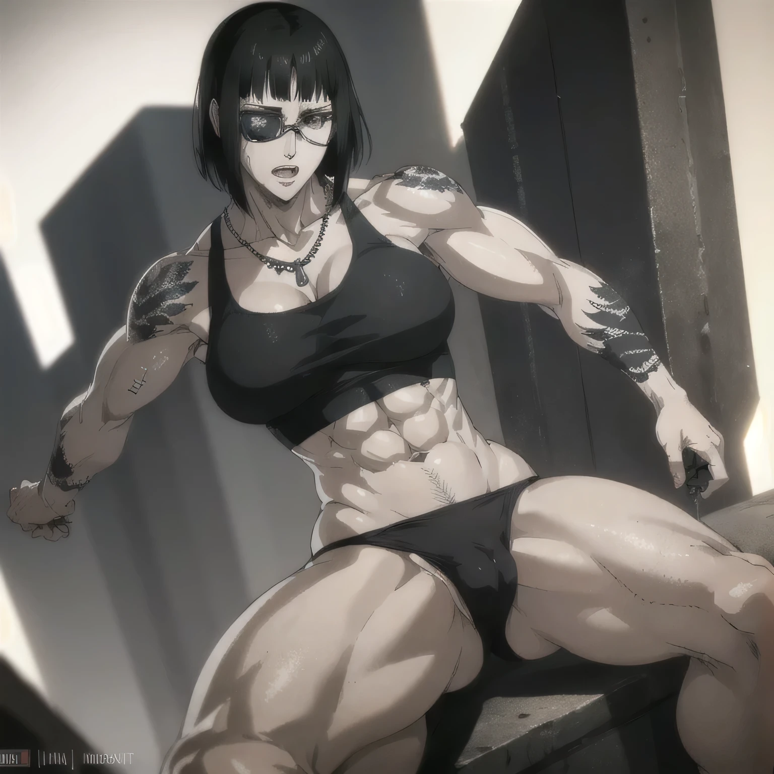 (best quality,ultra-detailed,realistic:1.37),musclaur badass girl with sculpted body with preview her musclaur body and six-pack, full review of the female character's face and body, intense expression,studio lighting, vivid colors, physiologically-based rendering, grungy texture, rugged background,,commanding presence, professional, powerful, gritty aesthetics,,Valmet،short hair،tattoos on shoulders,,Shining muscles, muscle protrusion,wearing military male black Rubber underwear and midriff tank top,necklace,Valmet have a sex muscles,eyepatch,penis,wet body,wet clothes,white skin,water dropped on body,Shining skin,Valmet only,sexy six-pack,sexy penis inside underwear,penisQuiron,penis growth inside underwear,raining