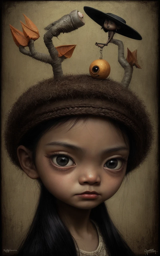 Pintura de una obeja negra triste con un sombrero negro y una nariz negra, Estilo Mark Ryden, Estilo de Mark Ryden, Mark Ryden en el estilo de, Mark Ryden muy detallado, inspirado por Mark Ryden, por Mark Ryden, Gary Baseman, benjamin lacombe, Anton Semenov, "Retrato de una obeja, Arte lowbrow, batang 90's, filipino culture, pinoy style, vibrant, with elements