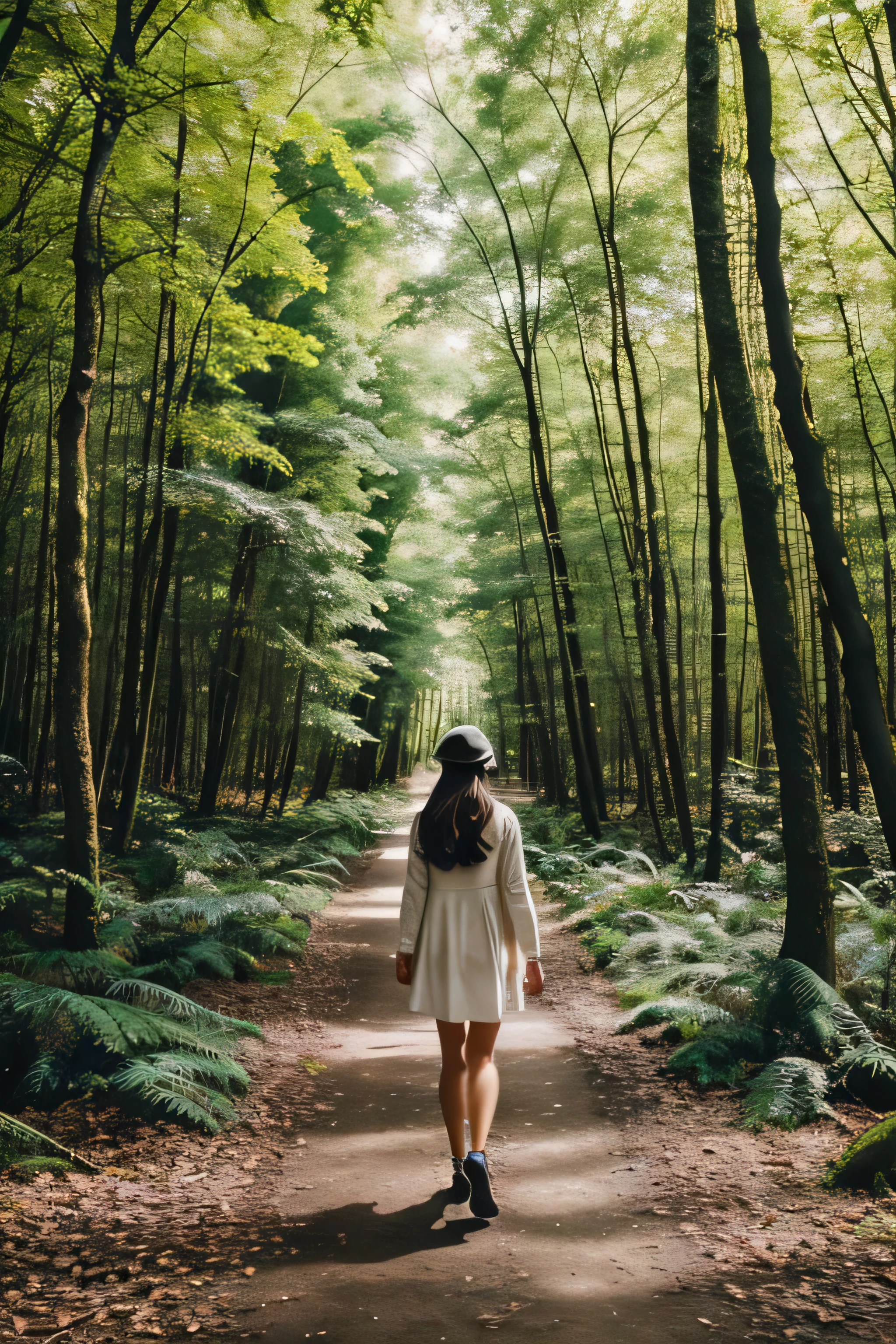 A girl walk in a beautiful forest