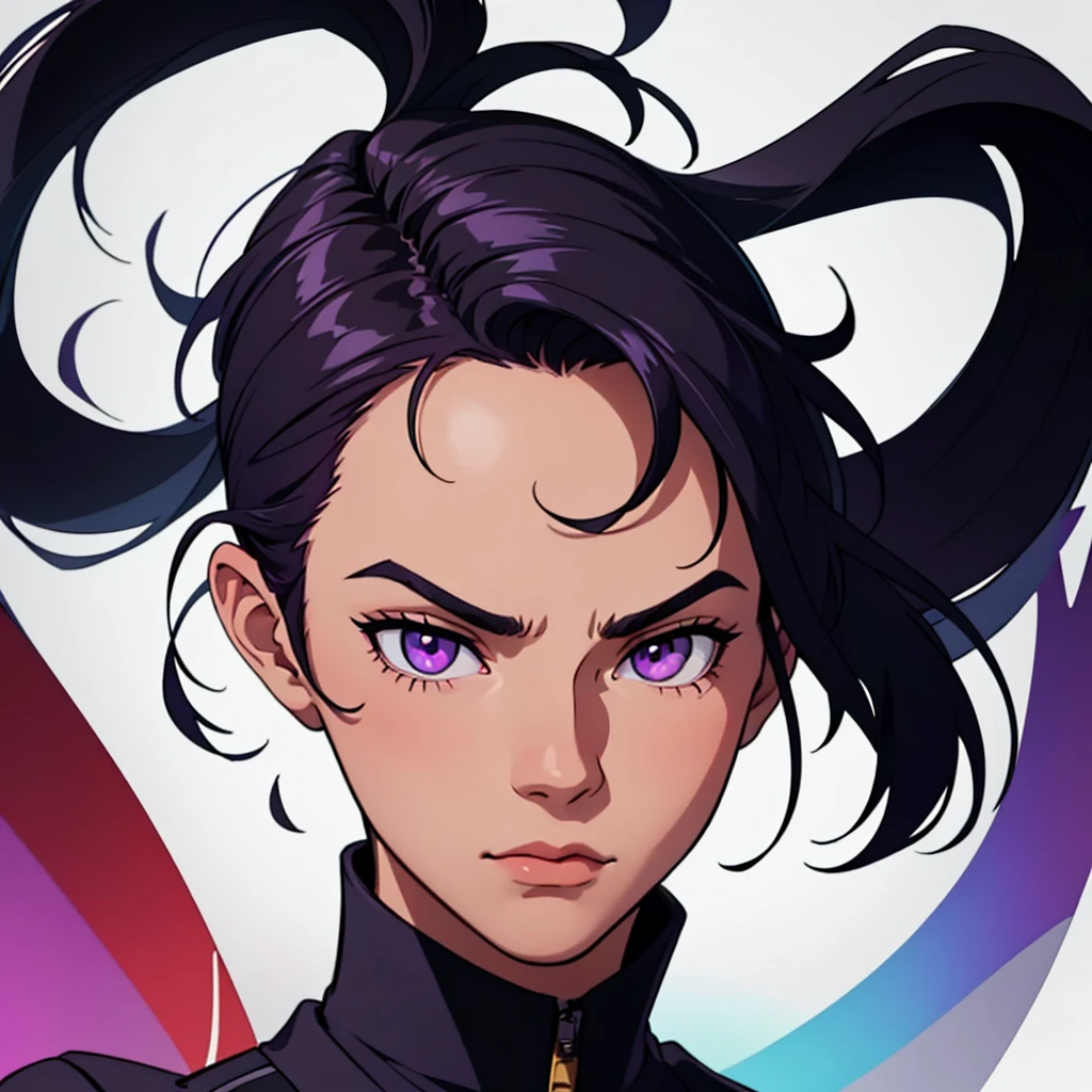 Short black hair, trimmed sides of head, clean sides of head, highres, high resolution, masterpiece, wide purple eyes, pointy eye shape, masterpiece, best quality, highres, 1 man, looking at camera, looking forward, square face, wide face, looking straight, black hair, full pointy eyebrows, short black hair, teenager, light background, full body, teenager, colorful parts, symbols, dark , bold, realistic mixing dark lines and loose lines, bold lines, on paper, human man, full body, imposing pose, stylish outfit, dark theme, handsome, good looking, boastful, standing, male, wide face, sharp chin, high cheekbones, sharp jawline, white background, highres, high resolution, masterpiece, face focus, focus on face, face center