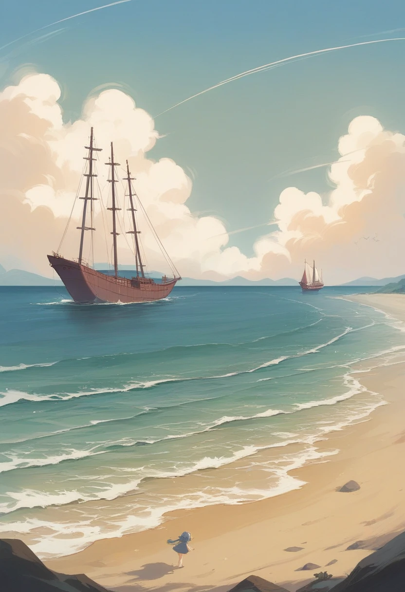 With the beautiful seaside scenery、A girl drawn in an anime style is looking at the sea。She smiles as she listens to the sound of the waves.、Feeling the pleasant sea breeze。The background is a sandy beach and blue sea.、There is a ship floating in the distance、There is a relaxed atmosphere。