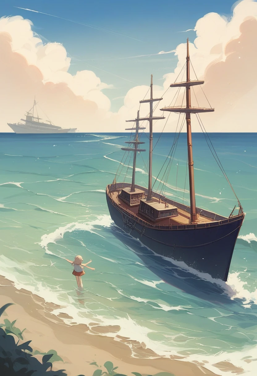 With the beautiful seaside scenery、A girl drawn in an anime style is looking at the sea。She smiles as she listens to the sound of the waves.、Feeling the pleasant sea breeze。The background is a sandy beach and blue sea.、There is a ship floating in the distance、There is a relaxed atmosphere。