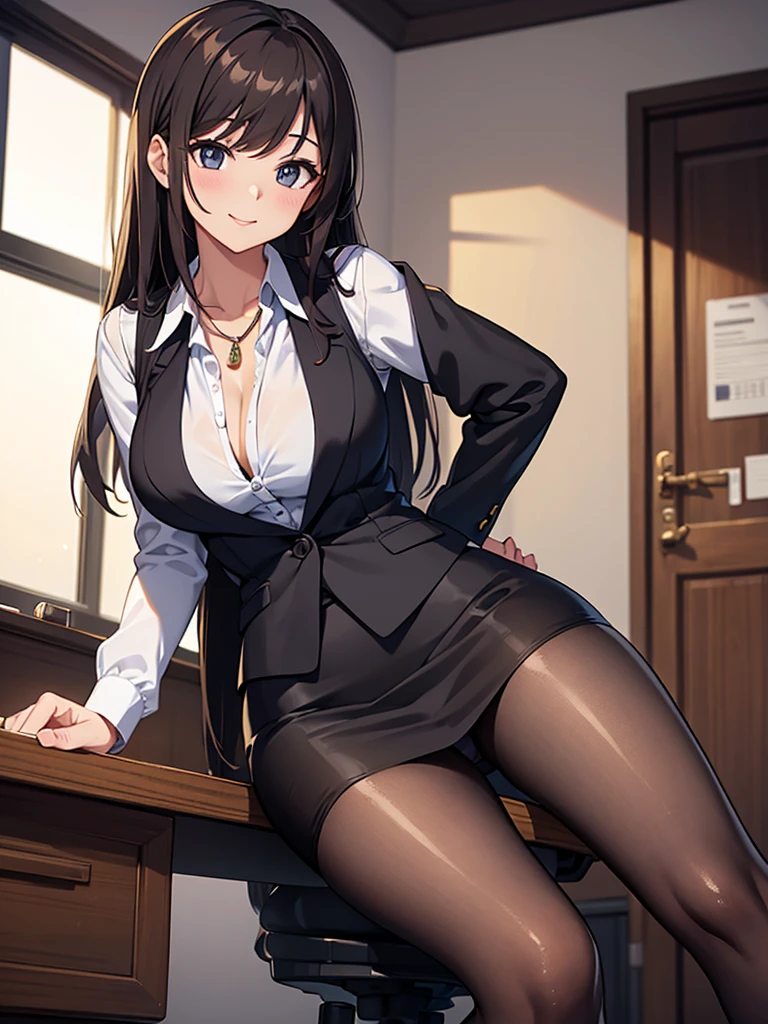 masterpiece, best quality, expressive eyes, perfect face, highly detailed, intricate detailed, atmospheric perspective, solo, 1mature seductive woman leaning on desk, alluring pose, brown semi long hair, neckless, business suit, checked vest, blouse, black pencil skirt, tight mini skirt, large breasts, pantyhose, focus beautiful legs, spread legs, panties, curvy, thighs, high heals, calm smile, from below, office room, at night,