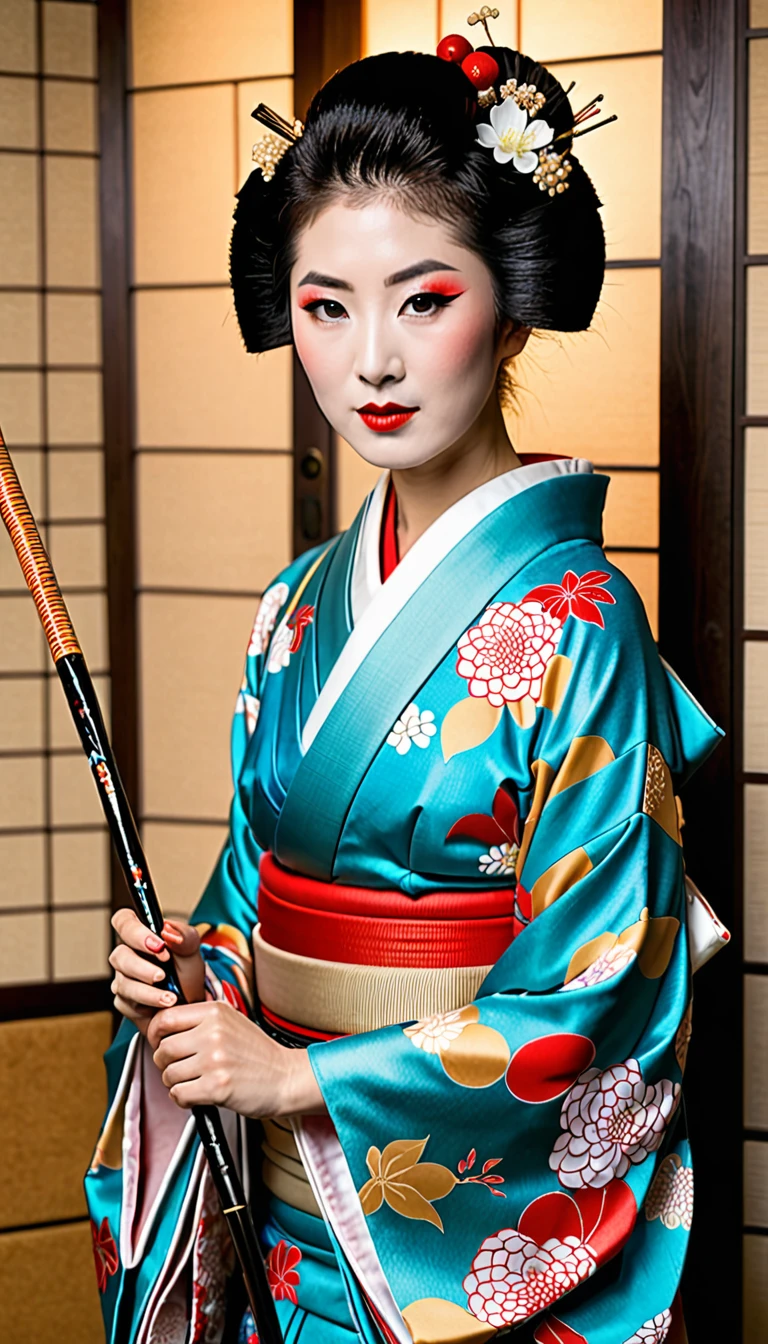 Arafe woman in a kimono holding a stick in her hand, Portraits inspired by Fujiwara Takanobu, Flicker, ukiyo-e, 美人geisha, 日本のgeisha, geishaメイク, geishaのメイク, 華やかでセクシーなgeisha, geishaの写真ポートレート, geisha, 伝統的なgeishaの衣装
