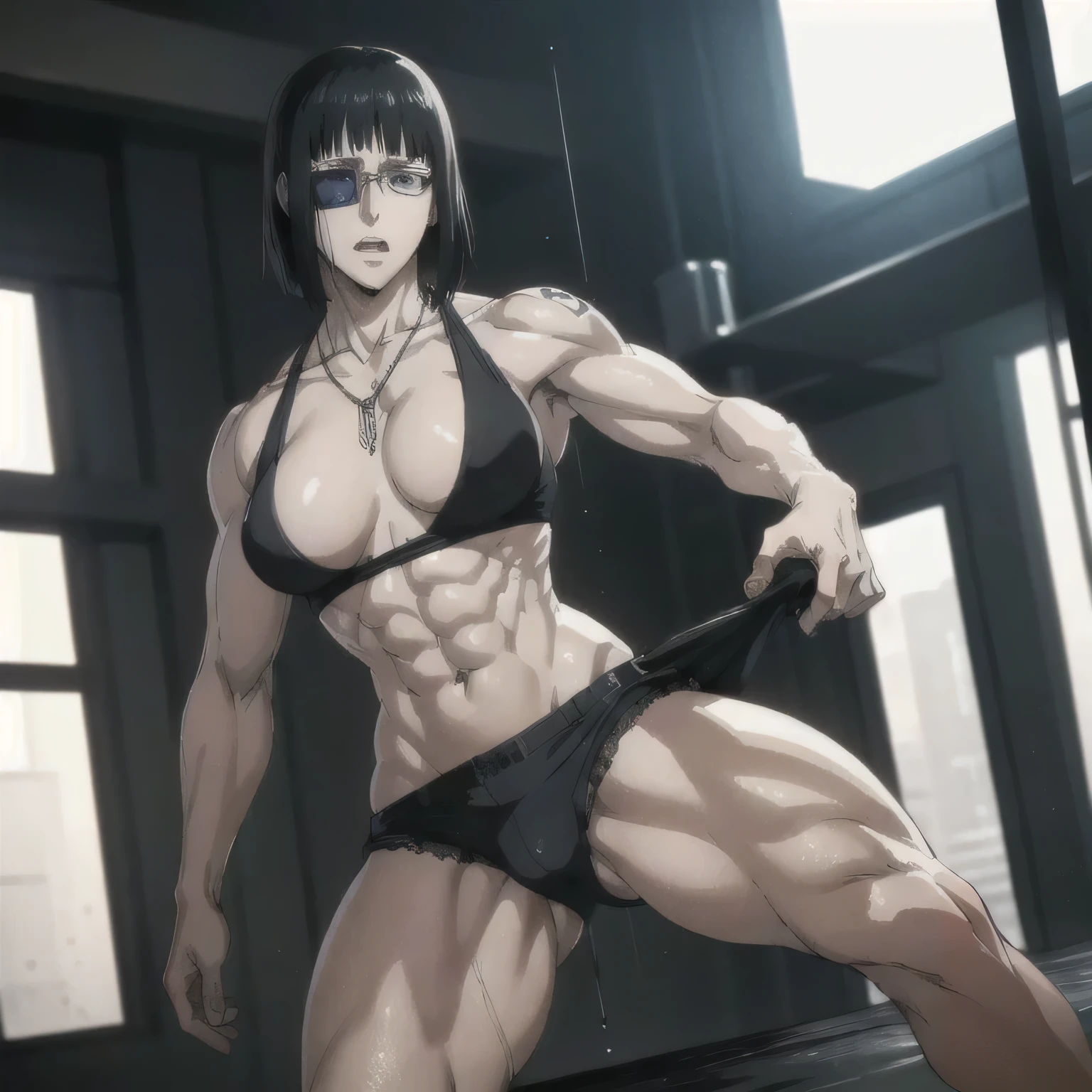 (best quality,ultra-detailed,realistic:1.37),musclaur badass girl with sculpted body with preview her musclaur body and six-pack, full review of the female character's face and body, intense expression,studio lighting, vivid colors, physiologically-based rendering, grungy texture, rugged background,,commanding presence, professional, powerful, gritty aesthetics,,Valmet،short hair،tattoos on shoulders,,Shining muscles, muscle protrusion,wearing military male black Rubber underwear and midriff tank top,necklace,Valmet have a sex muscles,eyepatch,penis,wet body,wet clothes,white skin,water dropped on body,Shining skin,Valmet only,sexy six-pack,sexy penis inside underwear,penisQuiron,penis growth inside underwear,raining