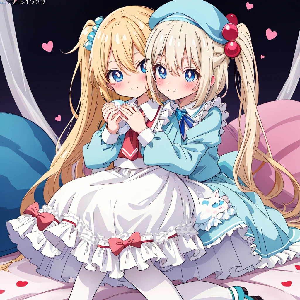 flat color, partially colored, limited palette, (Anime:1.8), Megami Magazine, (masterpiece, best quality:1.4), detailed skin, detailed face, Alice (Alice in Wonderland), cute face,
1 girl, , 10-yo, sweet, , baby face, sitting on the floor grasping one's knees, sitting on a frilled cushion, length hair, (two side up), hair bobbles, cute smile, Glowing light blonde-yellow with hair and pupils, red blush, the bow hair, Hair Between Eyes, white frilled shirt, Puffy Sleeves, long-sleeves, light blue frilled Apron Dress, sky blue  hem dress, (White petticoat:1.8), striped knee-highs, mary janes, holding a kitten, (light blue beret, Comes with a Pink bow), ((brooch)), red bolo tie,
overexposure, colorful, simple background, cat footprints mark, hearts,