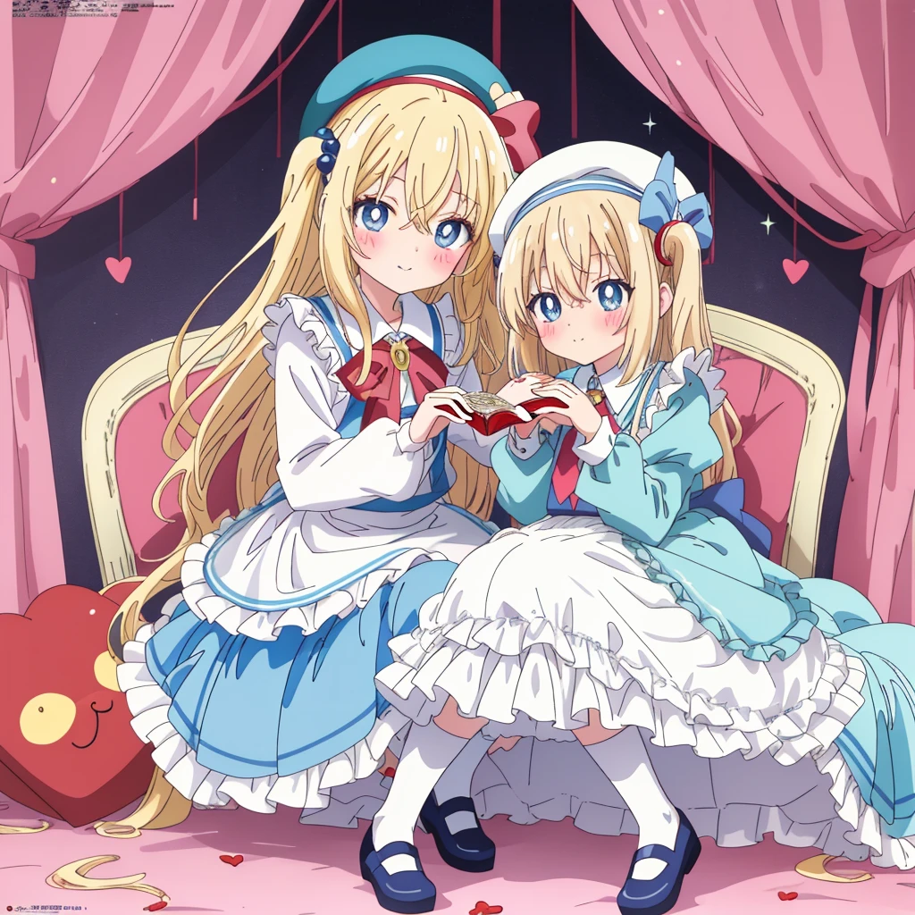 flat color, partially colored, limited palette, (Anime:1.8), Megami Magazine, (masterpiece, best quality:1.4), detailed skin, detailed face, Alice (Alice in Wonderland), cute face,
1 girl, , 10-yo, sweet, , baby face, sitting on the floor grasping one's knees, sitting on a frilled cushion, length hair, (two side up), hair bobbles, cute smile, Glowing light blonde-yellow with hair and pupils, red blush, the bow hair, Hair Between Eyes, white frilled shirt, Puffy Sleeves, long-sleeves, light blue frilled Apron Dress, sky blue  hem dress, (White petticoat:1.8), striped knee-highs, mary janes, holding a kitten, (light blue beret, Comes with a Pink bow), ((brooch)), red bolo tie,
overexposure, colorful, simple background, cat footprints mark, hearts,