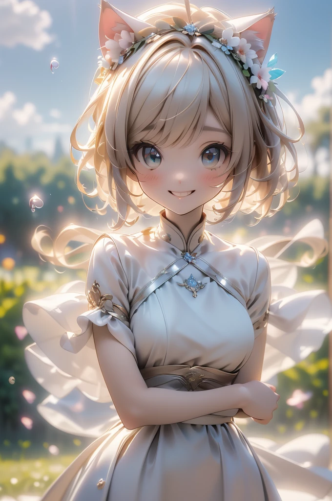 (Highest quality))、((masterpiece))、(detailed)、((soro girl)),masterpiece,best quality, high quality,ulutra detailed,Perfect Face、Daytime、Flower field background、((A voluminous flower crown))、Place both hands on head、((tall、woman、20th Generation、Cat ear、Sparkling Eyes、Blonde long hair)、、((high slit dress))、looking at viewer、good weather、smile、Many soap bubbles float、The wind is blowing、Petals fluttering、