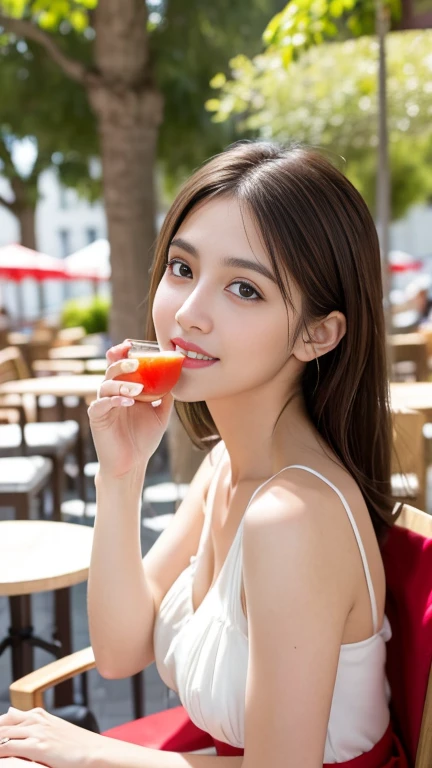 (RAW Photos), (Realistic), (masterpiece), (Highest quality), High resolution, 8K,(Volumetric Light), woman, Age 25, Short Ponytail, Straight hair, Layered Hair, Brown Hair, Very beautiful eyes, Source order, Very thin eyebrows, Very fine skin, Very beautiful mouth, Very nice nose, Cute like an idol,A smile showing white teeth, (Thick lips),(Ample breasts), (Looking at the audience), (Red and white dress),( Sitting on a chair in an outdoor cafe drinking juice),(From the whole body to the toes:1.3),(Side Shot),(Cowboy Shot),(Natural pose),(Bold Pose),,(drink juice with left hand),(Side view:1.3),(Sit upright),