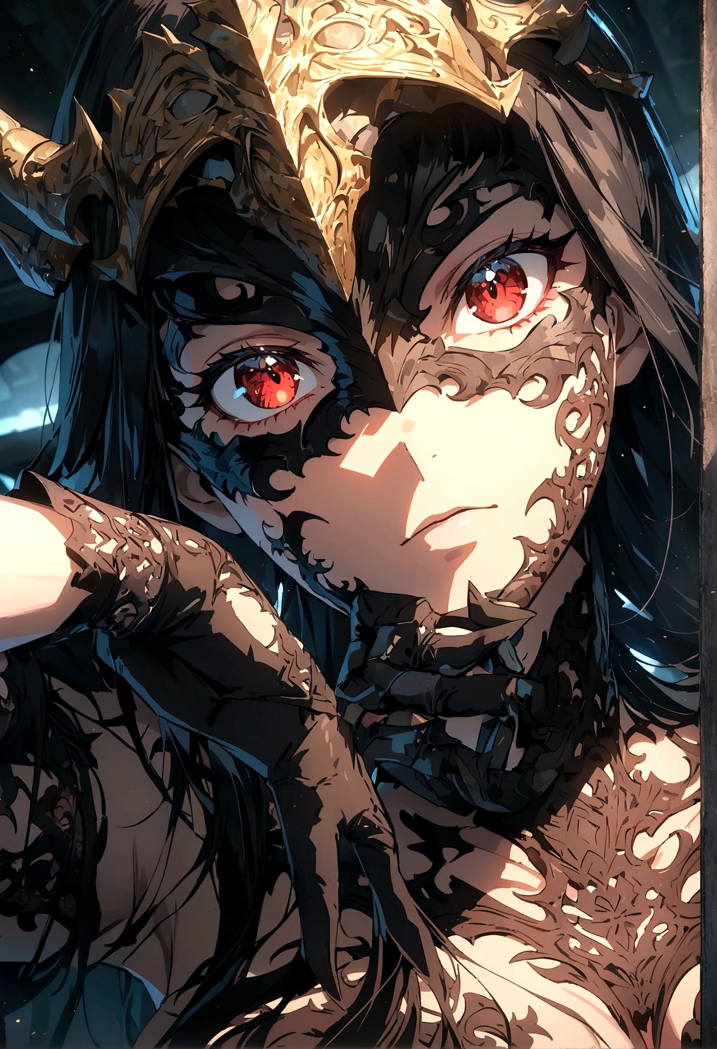 gorgeous lips, cinematic, (masterpiece), (best quality), (ultra-detailed), very aesthetic, illustration, perfect composition, intricate details, absurdres, detailed face, (anime, masterpiece, intricate:1.3), (best quality, hires textures, high detail:1.2), (covered eyes),(incredibly detailed:1.4) (beautiful detailed face, beautiful detailed eyes) ,extreme details eyes anime girls original characters women red eyes inked girls tattoo cleavage katana weapon mural dragon Japan Japanese Art artwork drawing digital art sketches illustration portrait display Chun Lo warrior demon vertical hand on face anime mask clothes yakuza fantasy girl mobile wallpaper phone wallpaper