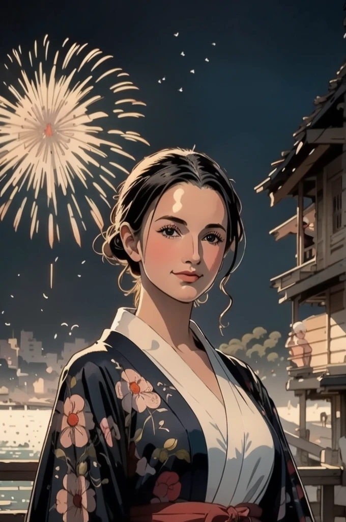 masterpiece, best quality, ukiyo-e:1.2, in hokusai style, a beautiful 20s french model, ultra detailed face