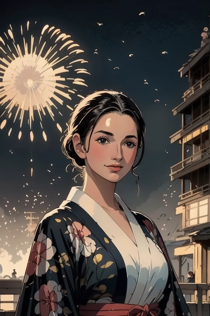 masterpiece, best quality, ukiyo-e:1.2, in hokusai style, a beautiful 20s french model, ultra detailed face