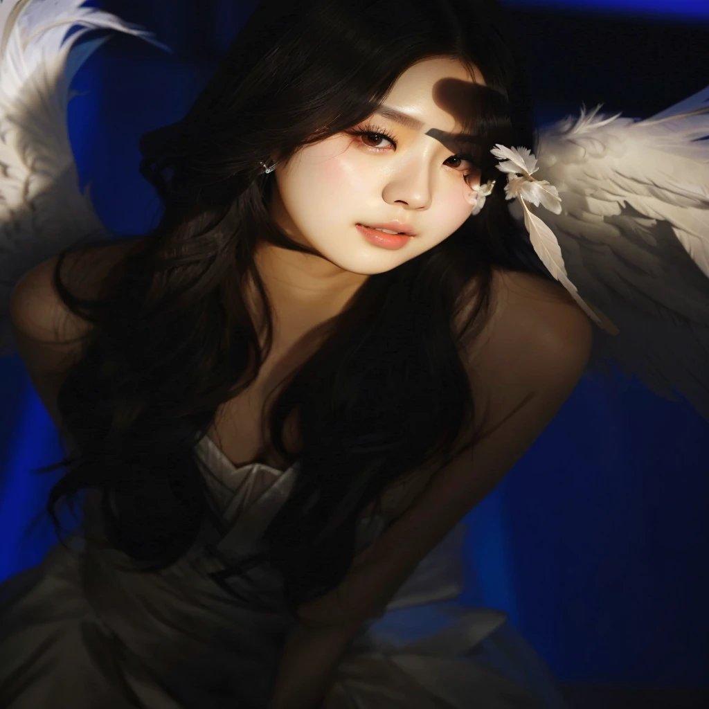 arafed woman with white feathers and a feathered headpiece, young wan angel, beautiful angel, of an beautiful angel girl, seseon yoon, of beautiful angel, heonhwa choe, angelic, jiyun chae, beautiful female angel, angelic face, kim hyun joo, song hye - kyo, hwang se - on, jung gi kim, wonyoung ive, wonyoung izone, wonyoung kpop