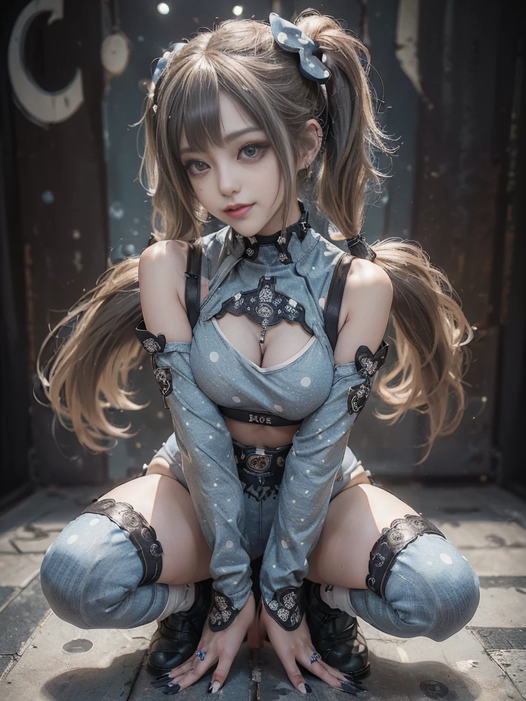 (Full Body View:1.2)、(crawling position:1.3)、(on all fours:1.3)、(Smiling with teeth showing:1.3),(Shibuya Gal:1.5)、(Gothic ta style fashion:1.5)、(Punk RockVisual Kei:1.5)、(Wearing a rhythmic gymnastics bodysuit with intricate details:1.4)、(Racing suit and pants with intricate decorations in white, denim and charcoal:1.5)、(Denim and light blue and white boots:1.3)、((belt))、(Numerous delicate logo marks all over the costume:1.4)、(collar:1.3)、(Polka dot underwear:1.5)、20-year-old、NSFW、((Highest quality、In 8K、masterpiece:1.3))、Sharp focus:1.2、(Layered Cut、Huge boobs:1.1),Beautiful woman with perfect figure:1.4、(do a gravure pose:1.3)、Slender Abs:1.2、Highly detailed face and skin texture、Detailed eyes、double eyelid,(Twin tails:1.3)、(Brown-golden hair:1.3)、Gravure idol、(The background is the stage of the fashion show:1.3)、(Slim body:1.3),(Make your legs thinner:1.4),(clavicle:1.1)