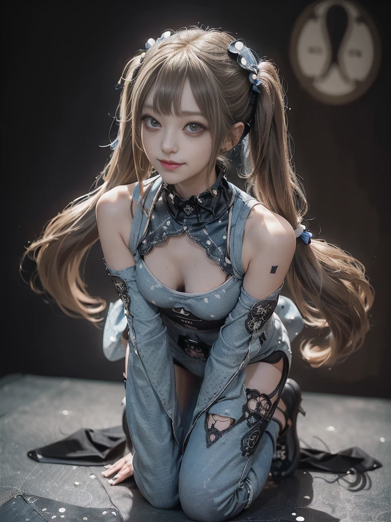 (Full Body View:1.2)、(crawling position:1.3)、(on all fours:1.3)、(Smiling with teeth showing:1.3),(Shibuya Gal:1.5)、(Gothic Lolita style fashion:1.5)、(Punk RockVisual Kei:1.5)、(Wearing a rhythmic gymnastics bodysuit with intricate details:1.4)、(Racing suit and pants with intricate decorations in white, denim and charcoal:1.5)、(Denim and light blue and white boots:1.3)、((belt))、(Numerous delicate logo marks all over the costume:1.4)、(collar:1.3)、(Polka dot underwear:1.5)、20-year-old、NSFW、((Highest quality、In 8K、masterpiece:1.3))、Sharp focus:1.2、(Layered Cut、Huge boobs:1.1),Beautiful woman with perfect figure:1.4、(do a gravure pose:1.3)、Slender Abs:1.2、Highly detailed face and skin texture、Detailed eyes、double eyelid,(Twin tails:1.3)、(Brown-golden hair:1.3)、Gravure idol、(The background is the stage of the fashion show:1.3)、(Slim body:1.3),(Make your legs thinner:1.4),(clavicle:1.1)