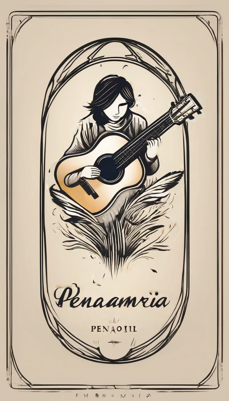 A minimal, modern, simple, cinematic logotype for the brand “Penamemoria". The logotype must be a simple, magical feather and a boy playing acoustic guitar. The logo must convey a sense of music, stories and dreams. Logo design impressed on a book cover. Minimalistic logo
