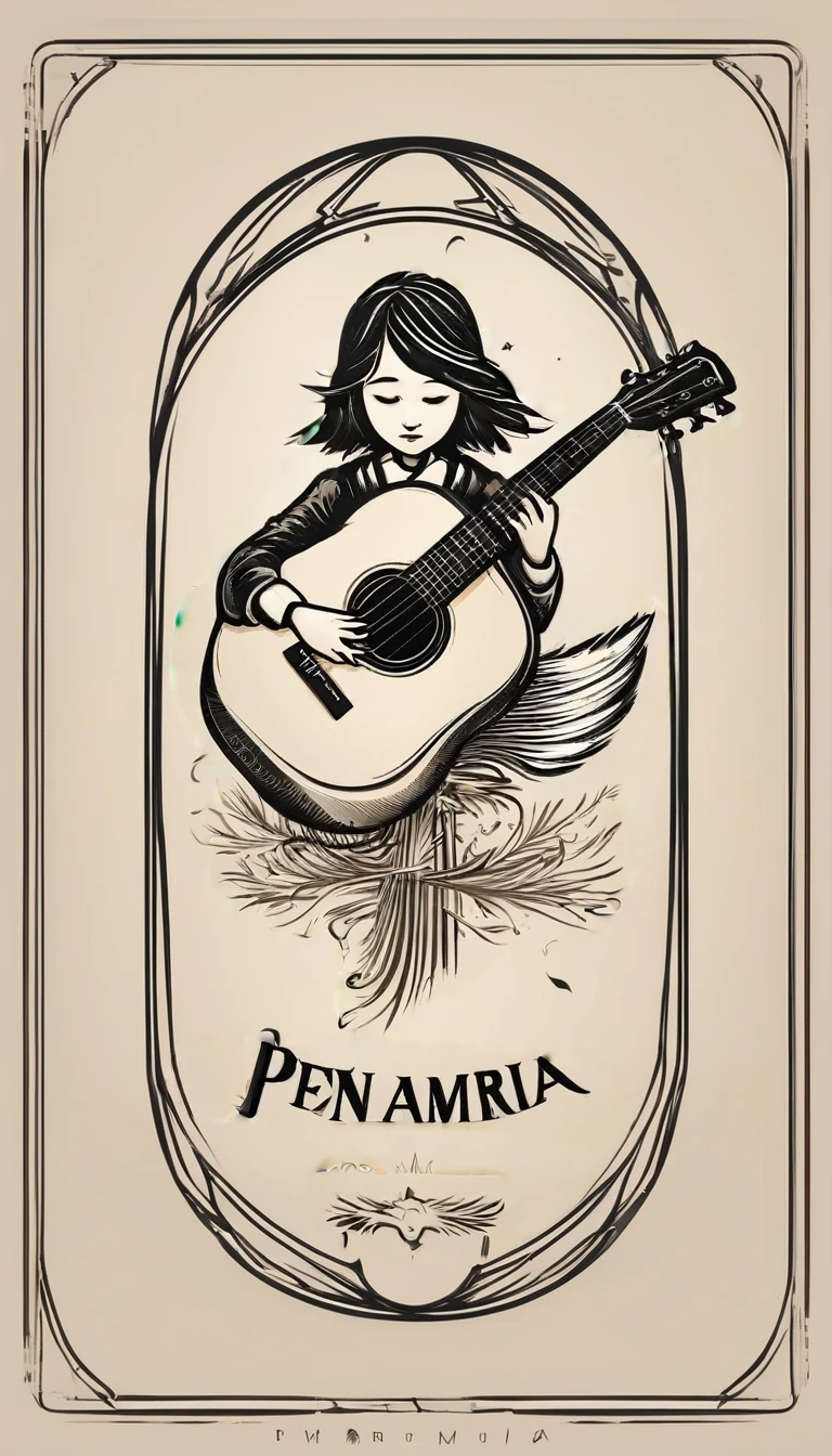 A minimal, modern, simple, cinematic logotype for the brand “Penamemoria". The logotype must be a simple, magical feather and a boy playing acoustic guitar. The logo must convey a sense of music, stories and dreams. Logo design impressed on a book cover. Minimalistic logo