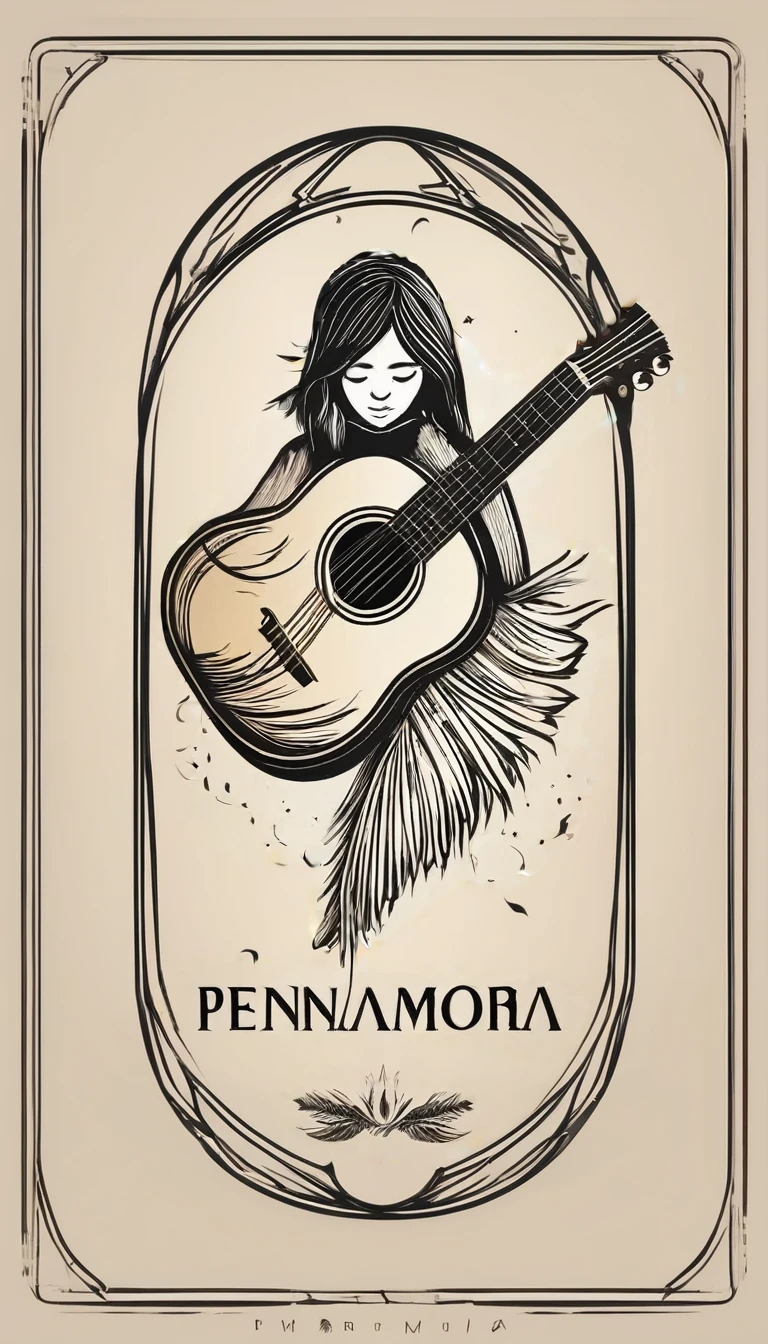 A minimal, modern, simple, cinematic logotype for the brand “Penamemoria". The logotype must be a simple, magical feather and a boy playing acoustic guitar. The logo must convey a sense of music, stories and dreams. Logo design impressed on a book cover. Minimalistic logo

