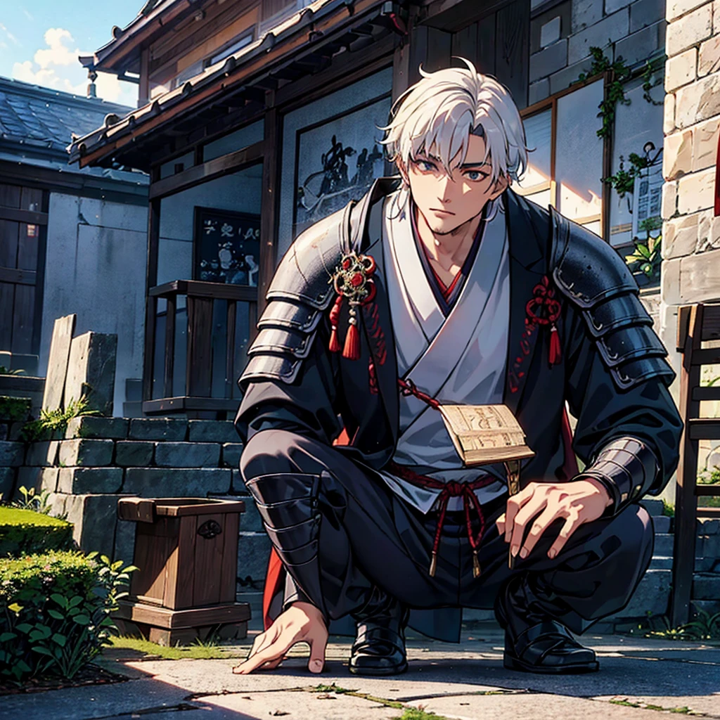 Por favor, create an image of a handsome Japanese samurai man with short white hair in emo style, pele clara e olhos azuis. He is wearing black samurai armor, caracterizada pela sua robustez e detalhes tradicionais. The scene takes place in a Japanese castle, with typical architecture standing out in the background. Capture the essence of Japanese culture through the details of the castle's armor and environment, com telhados curvos, portas de papel shoji e elementos de paisagismo tradicionais. The samurai must be in a pose that demonstrates determination or contemplation, reflecting its strength and elegance within this historical and culturally rich setting.