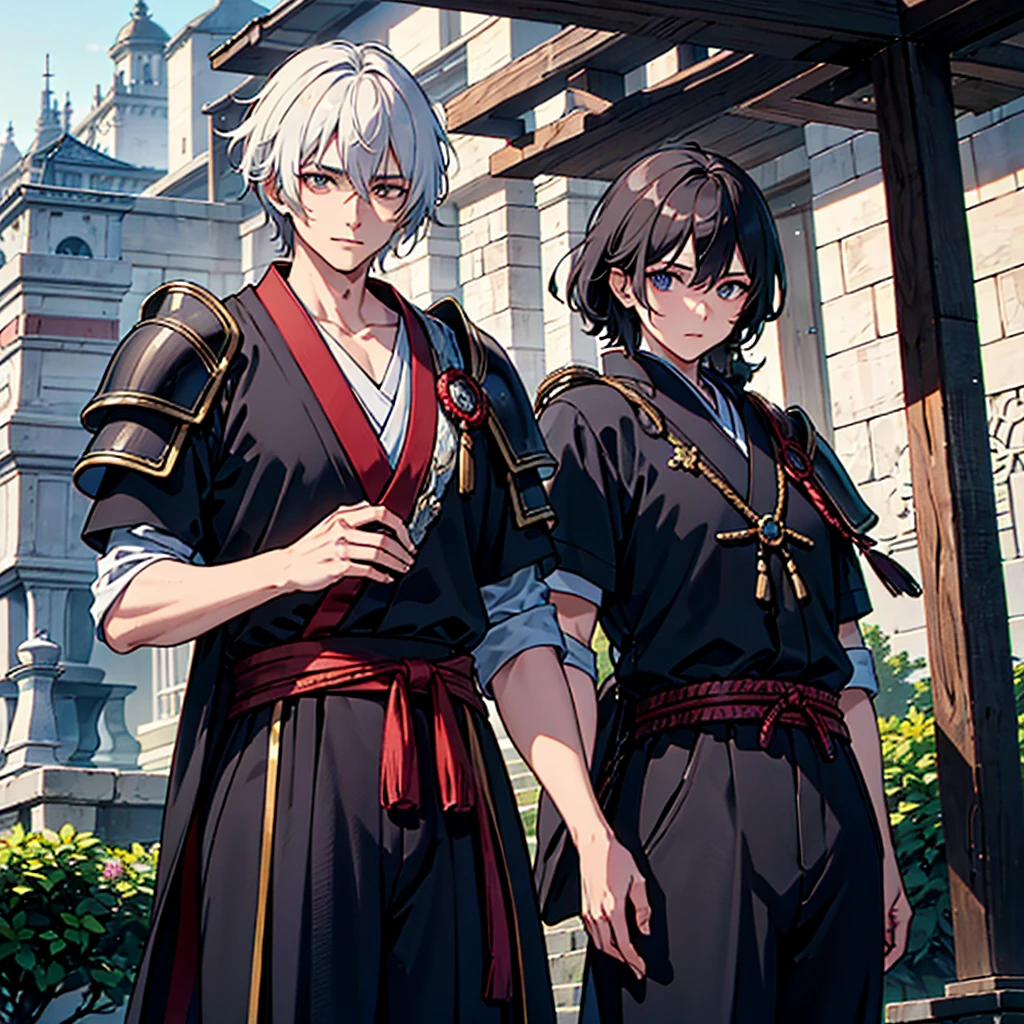 Por favor, create an image of a handsome Japanese samurai man with short white hair in emo style, pele clara e olhos azuis. He is wearing black samurai armor, caracterizada pela sua robustez e detalhes tradicionais. The scene takes place in a Japanese castle, with typical architecture standing out in the background. Capture the essence of Japanese culture through the details of the castle's armor and environment, com telhados curvos, portas de papel shoji e elementos de paisagismo tradicionais. The samurai must be in a pose that demonstrates determination or contemplation, reflecting its strength and elegance within this historical and culturally rich setting.