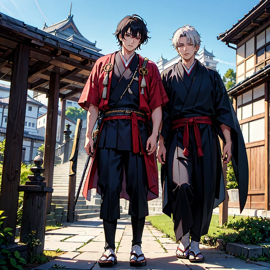 Por favor, create an image of a handsome Japanese samurai man with short white hair in emo style, pele clara e olhos azuis. He is wearing black samurai armor, caracterizada pela sua robustez e detalhes tradicionais. The scene takes place in a Japanese castle, with typical architecture standing out in the background. Capture the essence of Japanese culture through the details of the castle&#39;s armor and environment, com telhados curvos, portas de papel shoji e elementos de paisagismo tradicionais. The samurai must be in a pose that demonstrates determination or contemplation, reflecting its strength and elegance within this historical and culturally rich setting.