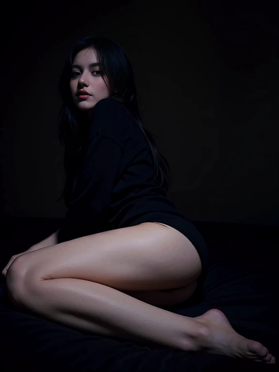 full body photo of woman in black panties and black knee high socks in a plan dark bedroom that is dimly lit, close up shot on thighs, low angle