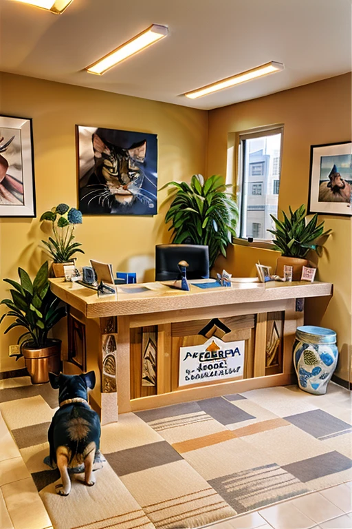 Pet hospital, professional veterinarians, pet care, clean environment, pet medical equipment, pet hospital waiting room, pet hospital front desk, warm atmosphere, pet rehabilitation area