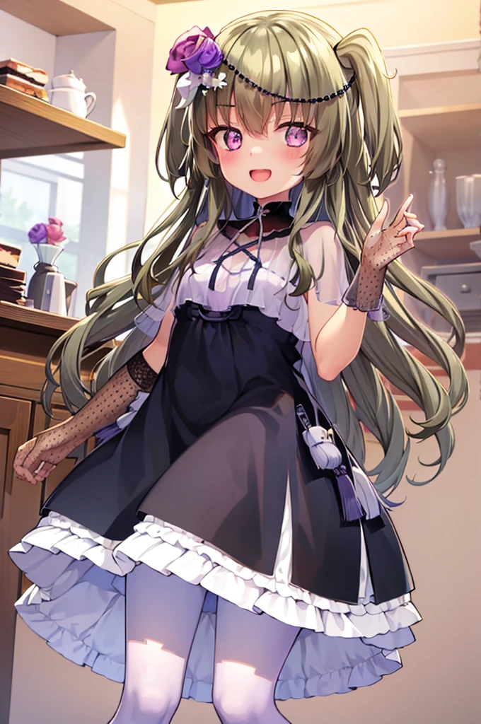Himari Mei, masterpiece, , flat chest, cute and shy smile, highly detailed sparkling brilliant purple eyes, open mouth slightly, Worried brow, standing in front of many cakes, Looking back at the many cakes