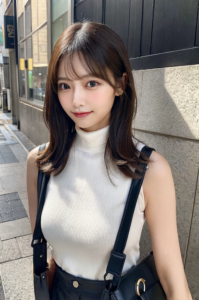 ((paisura))、Big Tits、crossbody, strap between breasts、double eyelid、big 、Highest quality, shape, Very detailed, Fine details, High resolution, 8k, Perfect dynamic composition, Beautiful details, ,Natural color lip, A shy smile,Beautiful 20 year old woman、The only person, Correct posture、Cute type、Looking into the camera、Turtleneck Sleeveless、Paisura、Shoulder bag、Hold the strap of your bag between your chest