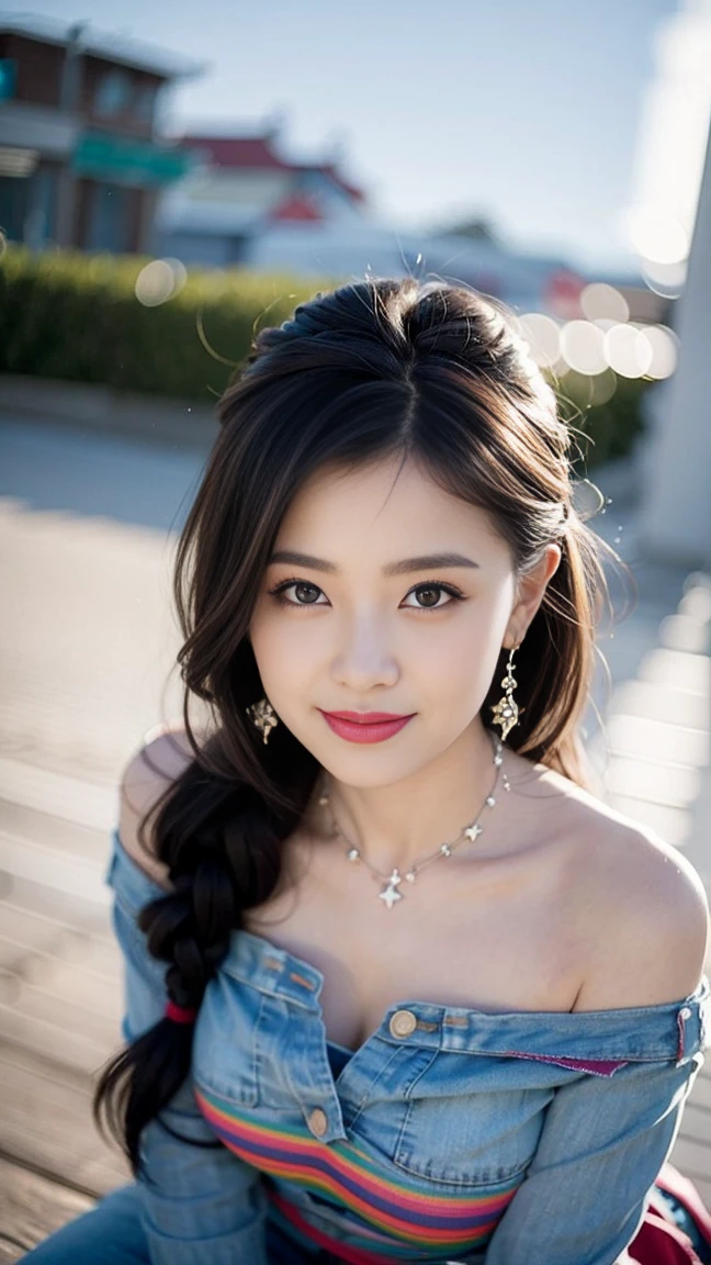 best quality, masterpiece, beautiful and aesthetic, 16K, (HDR:1.4), high contrast, bokeh:1.2, lens flare, (vibrant color:1.4), (muted colors, dim colors, soothing tones:0), cinematic lighting, ambient lighting, sidelighting, Exquisite details and textures, cinematic shot, Warm tone, (Bright and intense:1.2), wide shot, by playai, ultra realistic illustration, siena natural ratio, anime style, a picture from a high angle, a view from above, long Straight black hair with blunt bangs, (a charming smile:1), Gray bracelet, a oversized off-shoulder pink an oversized T-shirt, jeans, playing Gibson bass guitar, a sexy instagram Hot Swiss model, with a tattoo, oversized clevage,  Broken Glass effect, no background, stunning, something that even doesn't exist, mythical being, energy, molecular, textures, iridescent and luminescent scales, breathtaking beauty, pure perfection, divine presence, unforgettable, impressive, breathtaking beauty, Volumetric light, auras, rays, vivid colors reflects.
