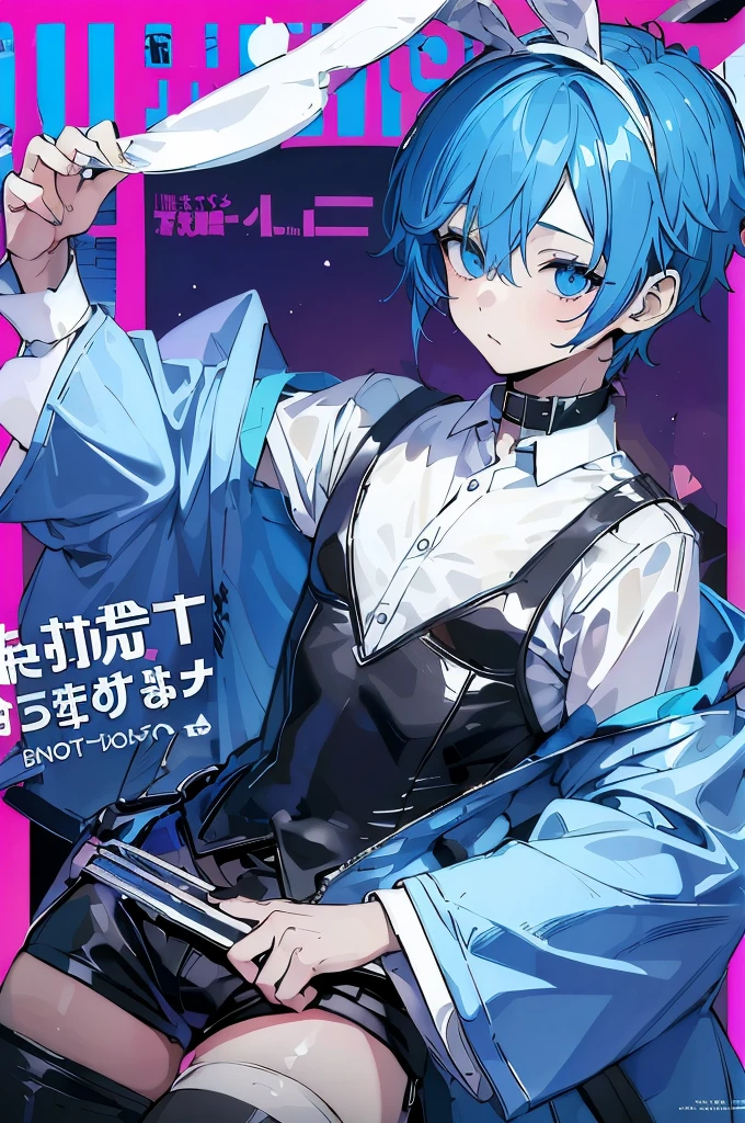 ((1boy)), hair ornament, blue hair, rabbit ears, playboy bunny, (Boy Messy Japanese Round Haircut for Thick Hair), bangs, leotard, blue eyes, detached collar, pink background, simple background, (solo)), (magazine:1.3), (cover-style:1.3), fashionable, (masterpiece, best quality, high quality, highres, ultra-detailed)