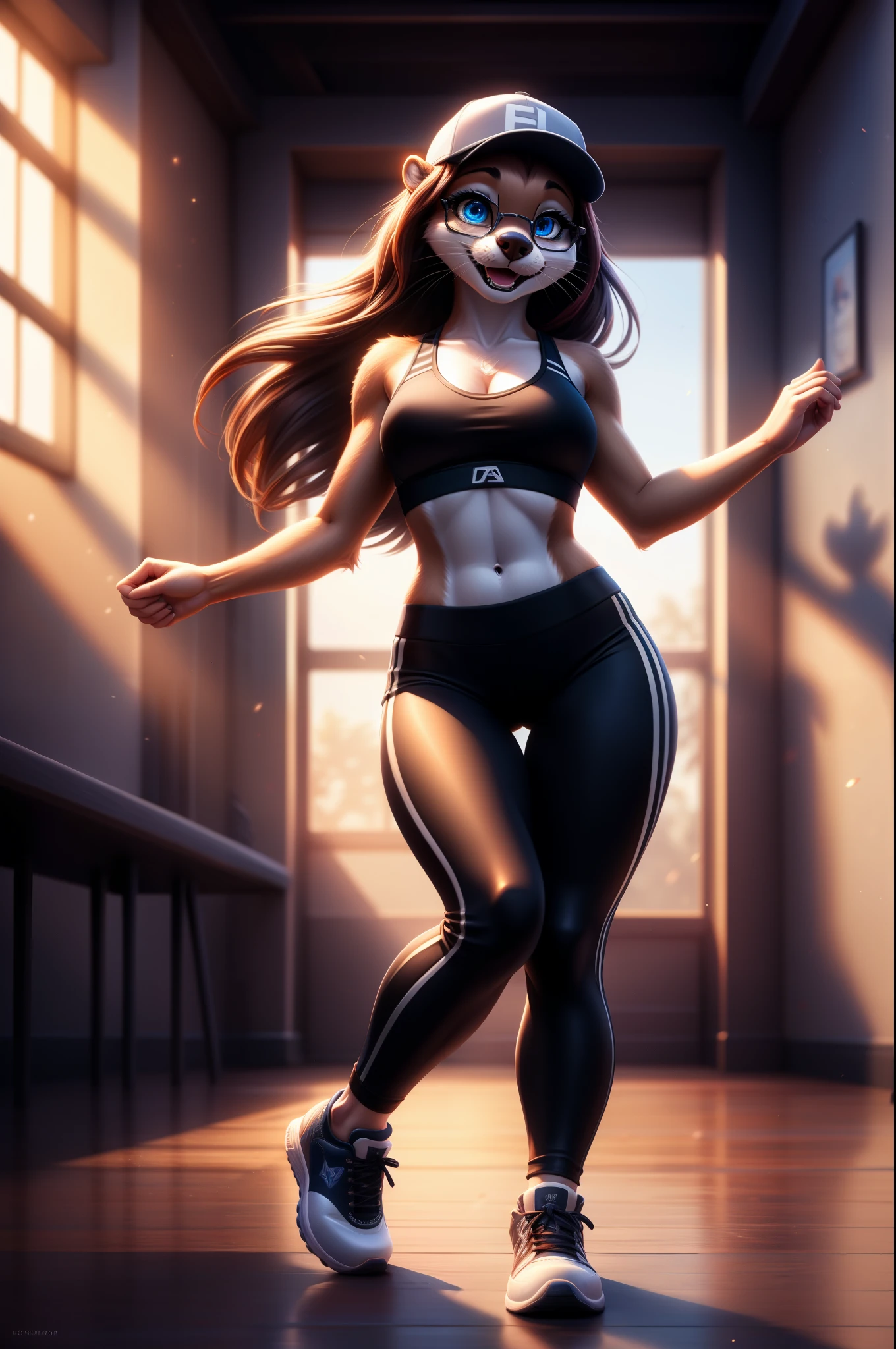 furry, otter, female, alone, dancing, has glasses, ((Beautiful detailed eyes)),((Blue eyes)), black leggings, black sport bra, Baseball cap, red long hair,sneakers,looks very happy, very nice light and shadow, ultra detailed fur, very detailed fur tail,very detailed face,Look at the viewer, 4k,high resolution details, very beautiful eyes,