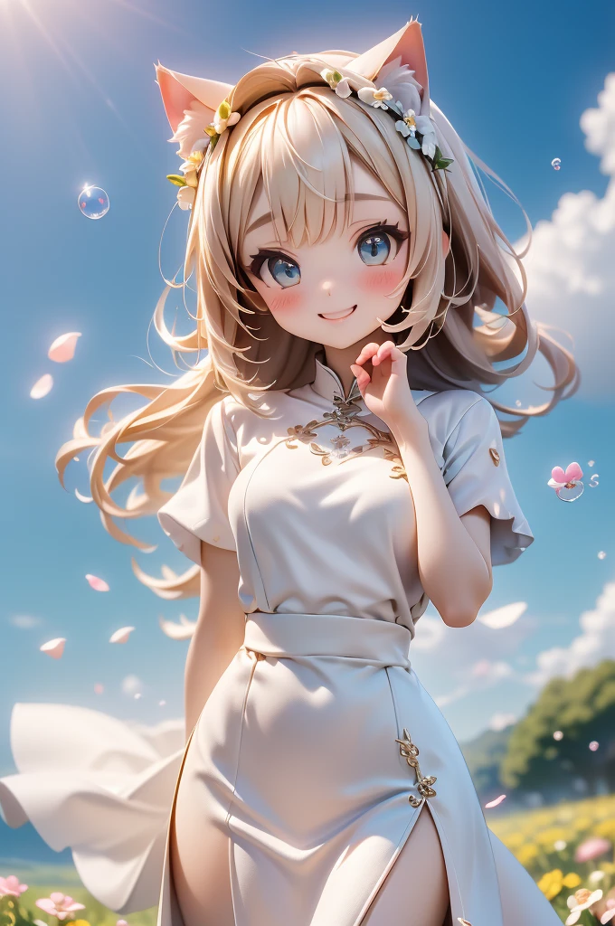 (Highest quality))、((masterpiece))、(detailed)、((soro girl)),masterpiece,best quality, high quality,ulutra detailed,Perfect Face、Daytime、Flower field background、((A voluminous flower crown))、Place both hands on head、((tall、woman、20th Generation、Cat ear、Sparkling Eyes、Blonde long hair)、、((high slit dress))、looking at viewer、good weather、smile、Many soap bubbles float、The wind is blowing、Petals fluttering、
