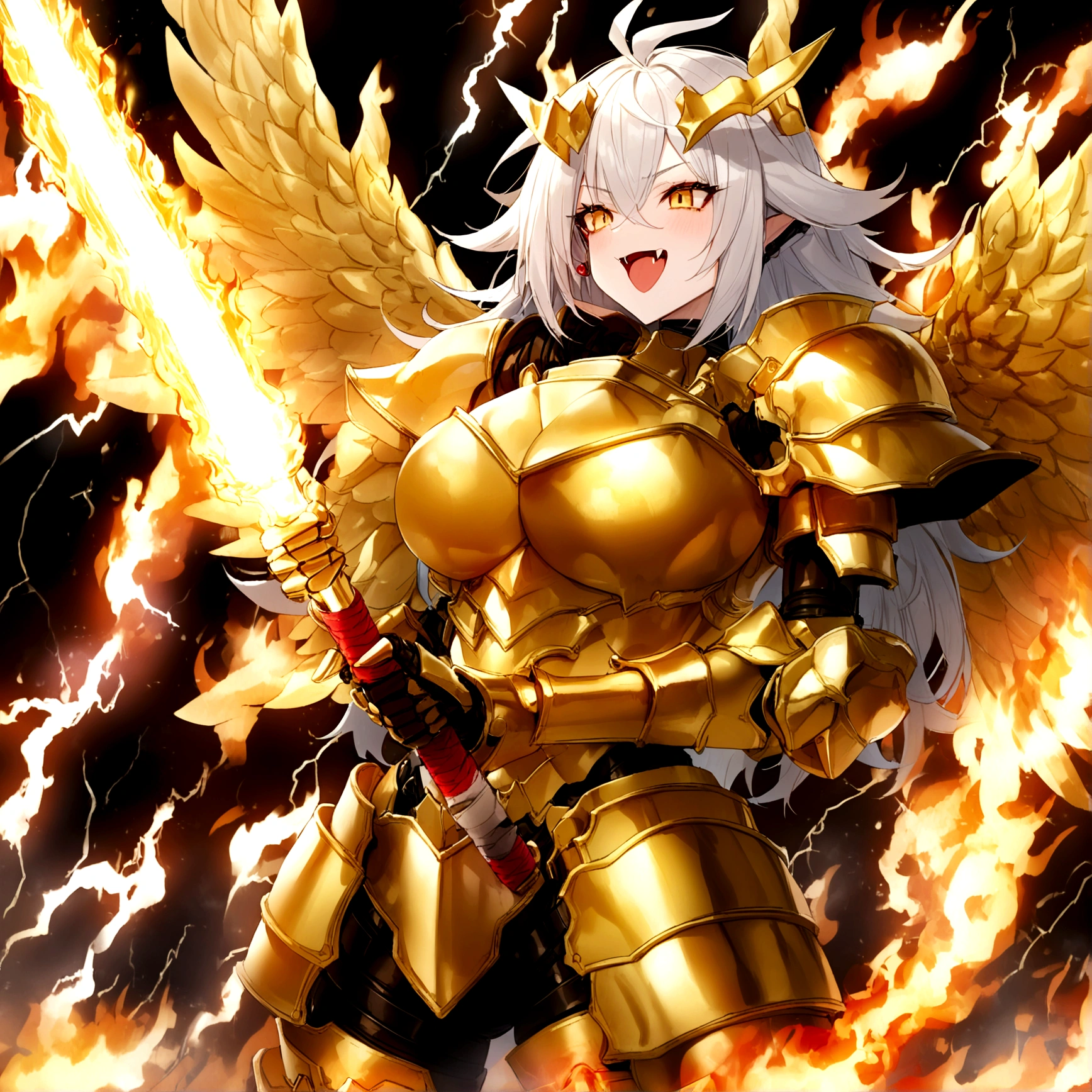 ((Lightning Power)), ((Electricity)), ((Fire Background)), ((Lightning Storm)), ((Power Erupting)), ((Explosion)),((((android 21 Evil)))), (((white Coat))), (((Busty))), (((((Big breast:1,3)))), luxury bustier corset, (((silver hair))), (((Very slim waist))), propotional body, ((Gorgeous)), (((Fire Blazing Horns))), ((((gold wings))), masterpiece, hyperdetail, ambient effect, digital effect, (((Fangs))), (((FIRE SWORD)), (((Lightning Sword))), (((Fire Gold Armor))), (((Lightning Gold Wings)))
