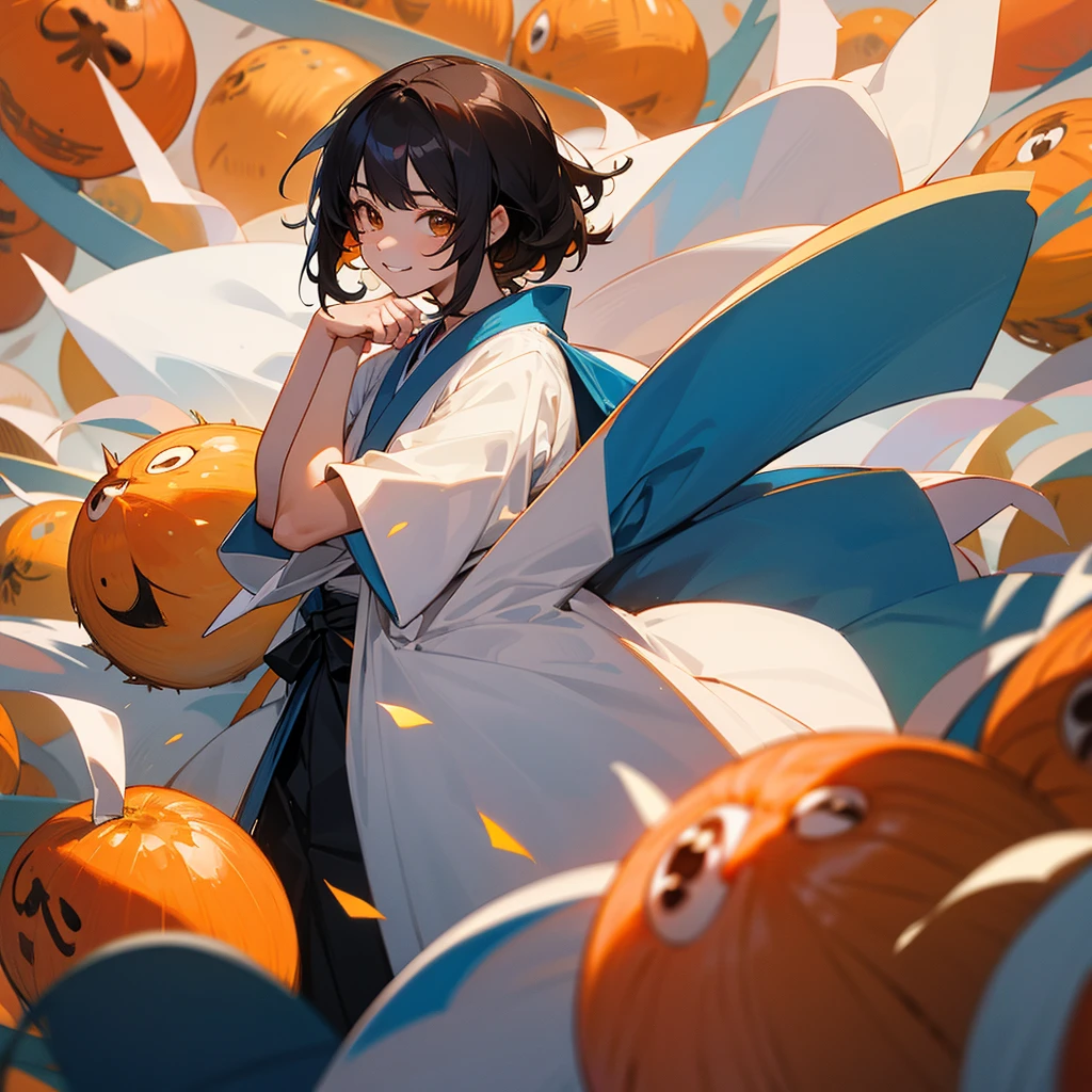 Japanese anime, hermoso joven, rubio, cabello corto, ojos naranjas, camisa blanca escolar, deslumbrador, sonriendo, ojos afilados.