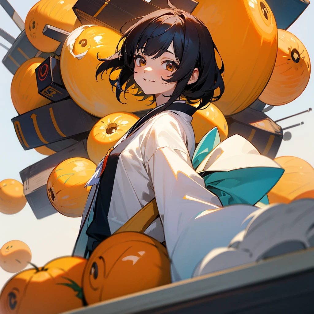Japanese anime, hermoso joven, rubio, cabello corto, ojos naranjas, camisa blanca escolar, deslumbrador, sonriendo, ojos afilados.
