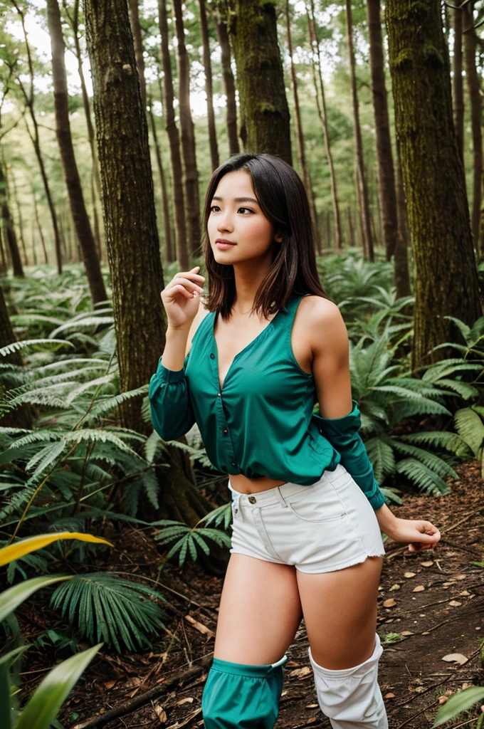 A cute girl walk in a forest see a butterfly squreel