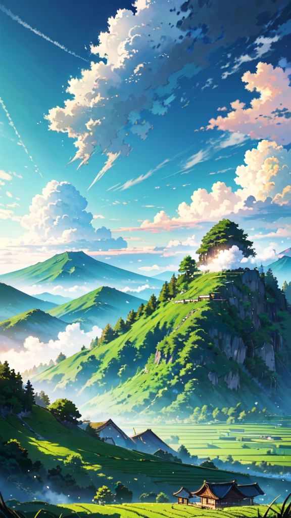 masterpiece, Highest quality, {Highest quality}, {{masterpiece}}, {High resolution}, Anime Style, Rice field and mountain scenery, summer, sun and cumulonimbus clouds,real、Green mountains and old Japanese house，Clear blue sky
