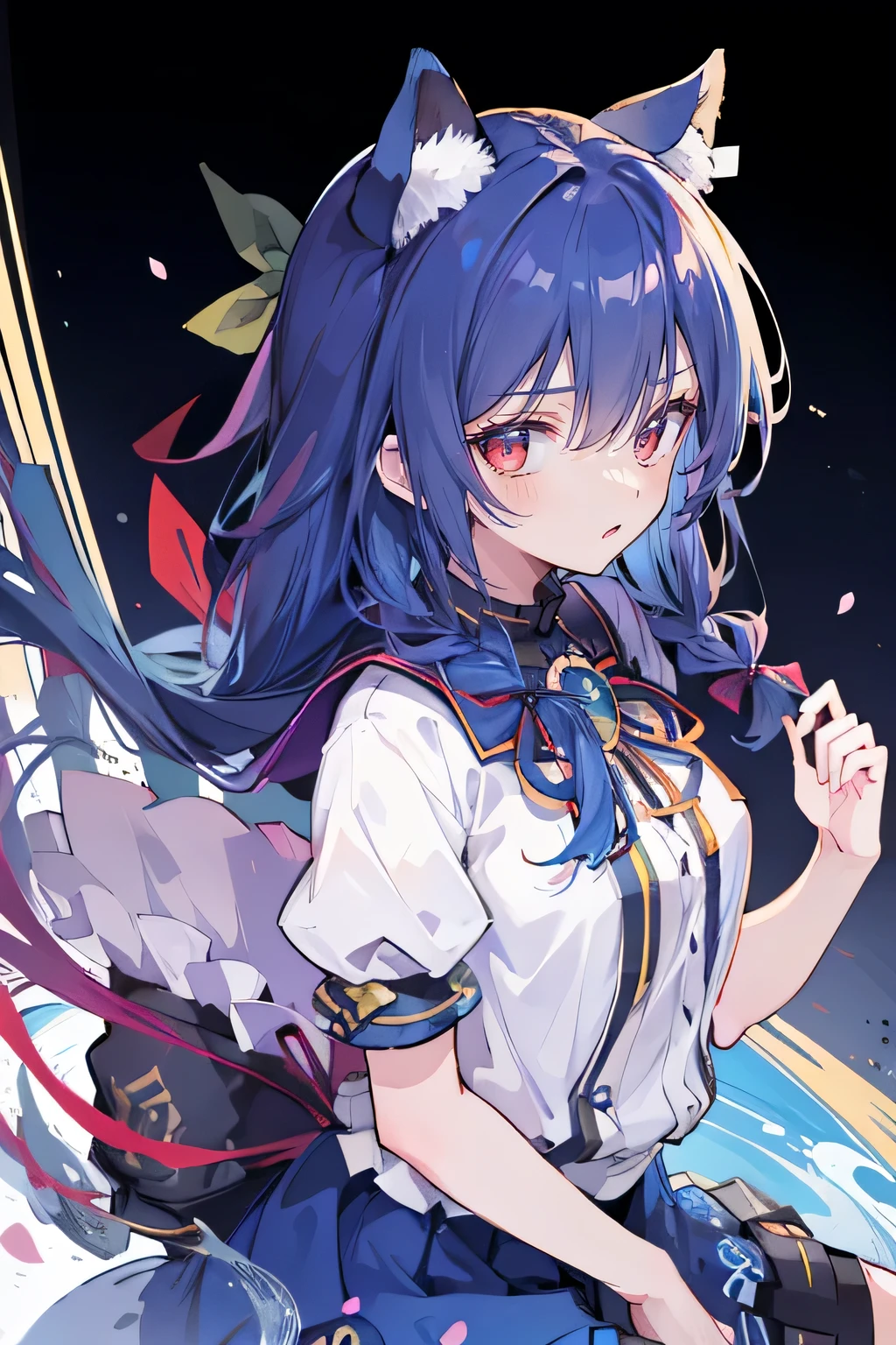 （masterpiece：1.2），Super detailed，lifelike，Expressive eyes，fair skin，perfect face shape，1 girl，
Japanese comics,Gorgeous blue hair,flowing blue hair,flowing clothes,Cat ears,Petals fall,beautiful lola,Baby Angel,
Shaking head with one hand，Cross your legs，Gentle and peaceful background，The pavilion is cool and comfortable,smile, wearing hoodie, background of tokyo,back views,snowing, winter,lie on the water.(Best Quality: 1.3), (Masterpiece: 1.3), (Illustration: 1.3), (Ultra Detailed: 1.3), (Imide Lens: 0.9), 1girl, Medium Breasts, Purple Eyes, ((Dark Blue Hair) ), hair accessories, young, clothing-gladiia, long hair, dark blue hair, indoors, black shorts, high socks, low ponytail, expressionless, upper body, close-up, coat, skirt,fgo style,like \(destiny\), like Adult, hair length, underwear, masterpiece, Top quality, 1 Girl, looking at the audience,(((braid)))、shameful face、Embarrassed face、Long body、huge 、