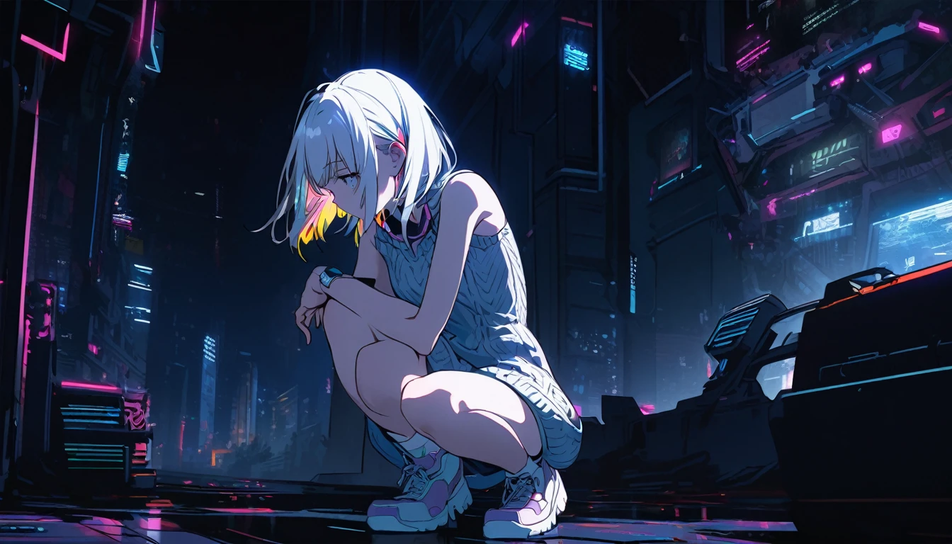 Handsome cute, Solitary, 1 female, Medium Length Hair, white hair, Rainbow hair, sleepy Eyes, Rainbow headphone, knit dress, Futuristic, Cyberpunk, Cybernetics panoramic, in the night, looking away, on one knee,