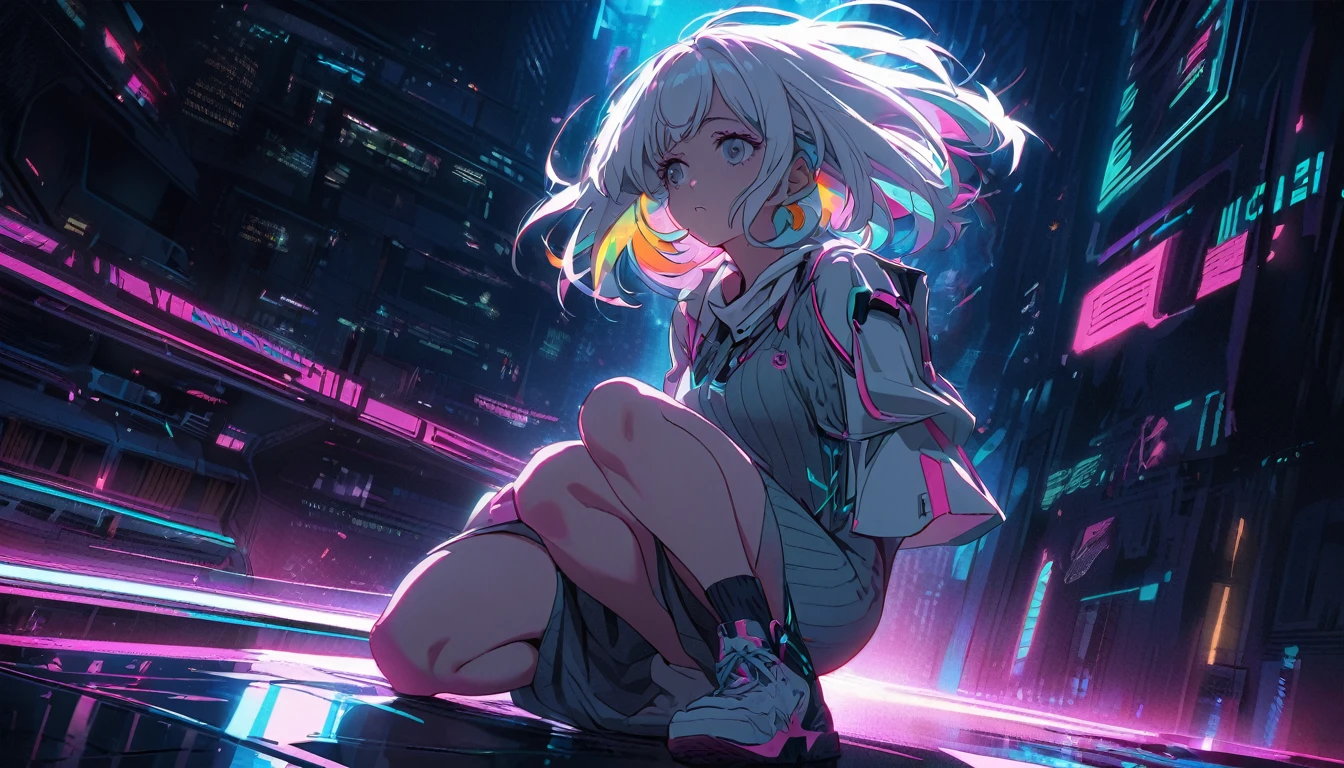 Handsome cute, Solitary, 1 female, Medium Length Hair, white hair, Rainbow hair, sleepy Eyes, Rainbow headphone, knit dress, Futuristic, Cyberpunk, Cybernetics panoramic, in the night, looking away, on one knee,