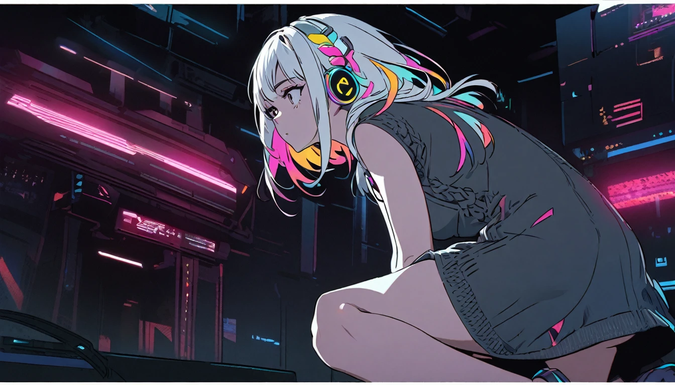 Handsome cute, Solitary, 1 female, Medium Length Hair, white hair, Rainbow hair, sleepy Eyes, Rainbow headphone, knit dress, Futuristic, Cyberpunk, Cybernetics panoramic, in the night, looking away, on one knee,