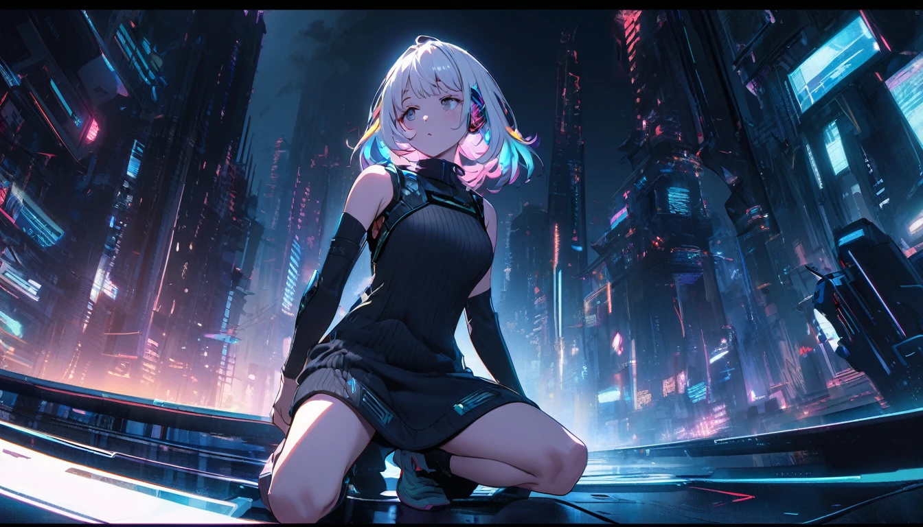 Handsome cute, Solitary, 1 female, Medium Length Hair, white hair, Rainbow hair, sleepy Eyes, Rainbow headphone, knit dress, Futuristic, Cyberpunk, Cybernetics panoramic, in the night, looking away, on one knee,