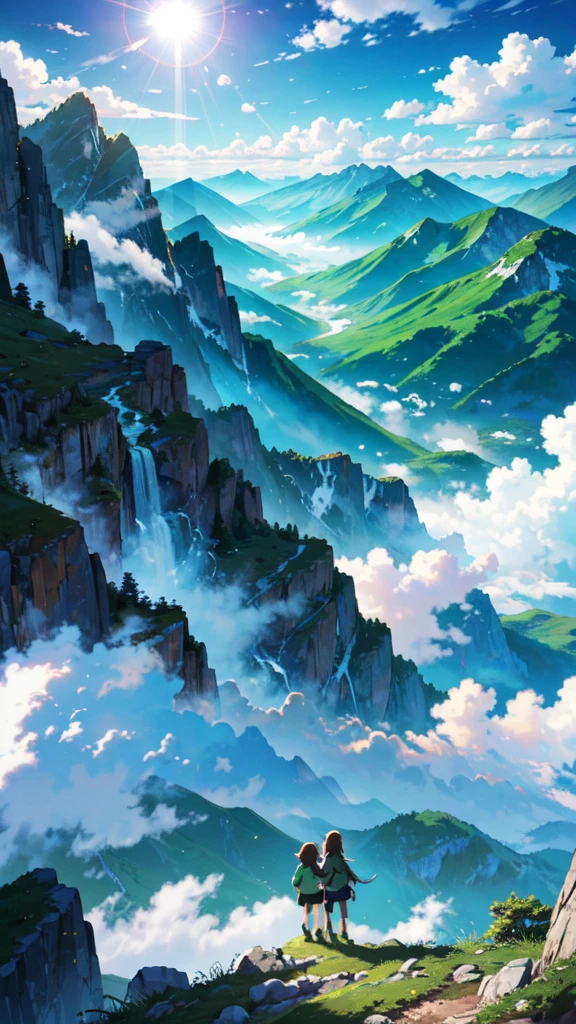 masterpiece, Highest quality, {Highest quality}, {{masterpiece}}, {High resolution},Mountain climbing, young girls，Green mountains, blue sky and sun, cumulonimbus clouds,