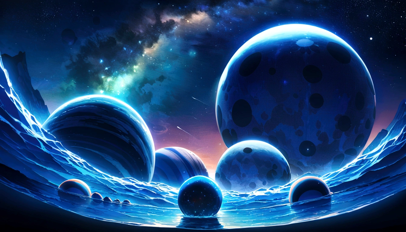 Giant planets, night, Starry Sky, Surrealism, On the table, high resolution、Impressive Milky Way:1.9、Beach、vast blue ocean、blue waves、blue glacier、lightning:1.9、Protoplanets、Pure beauty